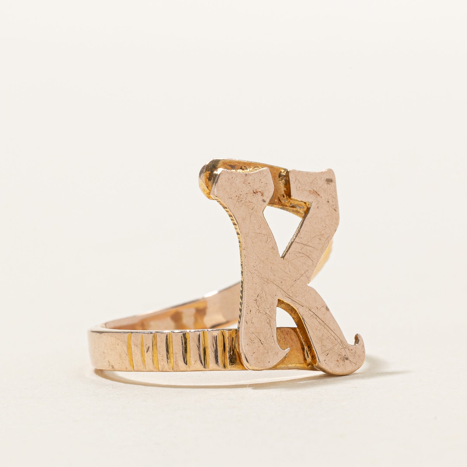 14k Yellow Gold "K" Initial Fluted Bypass Ring | SZ 8.25