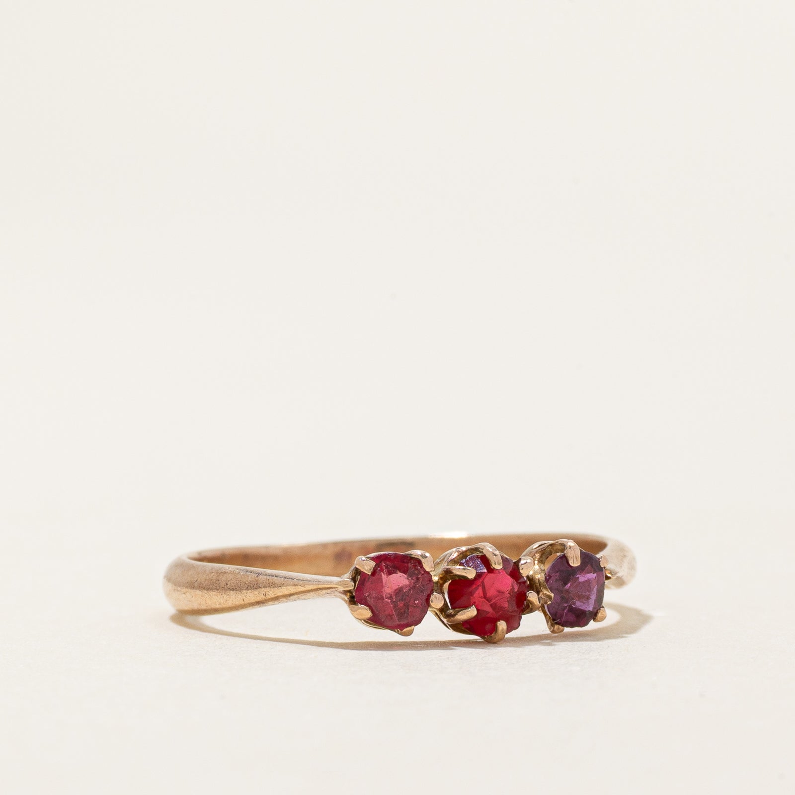 Three Stone Glass & Ruby Reverse Tapered Ring | 0.33ct | SZ 6.5