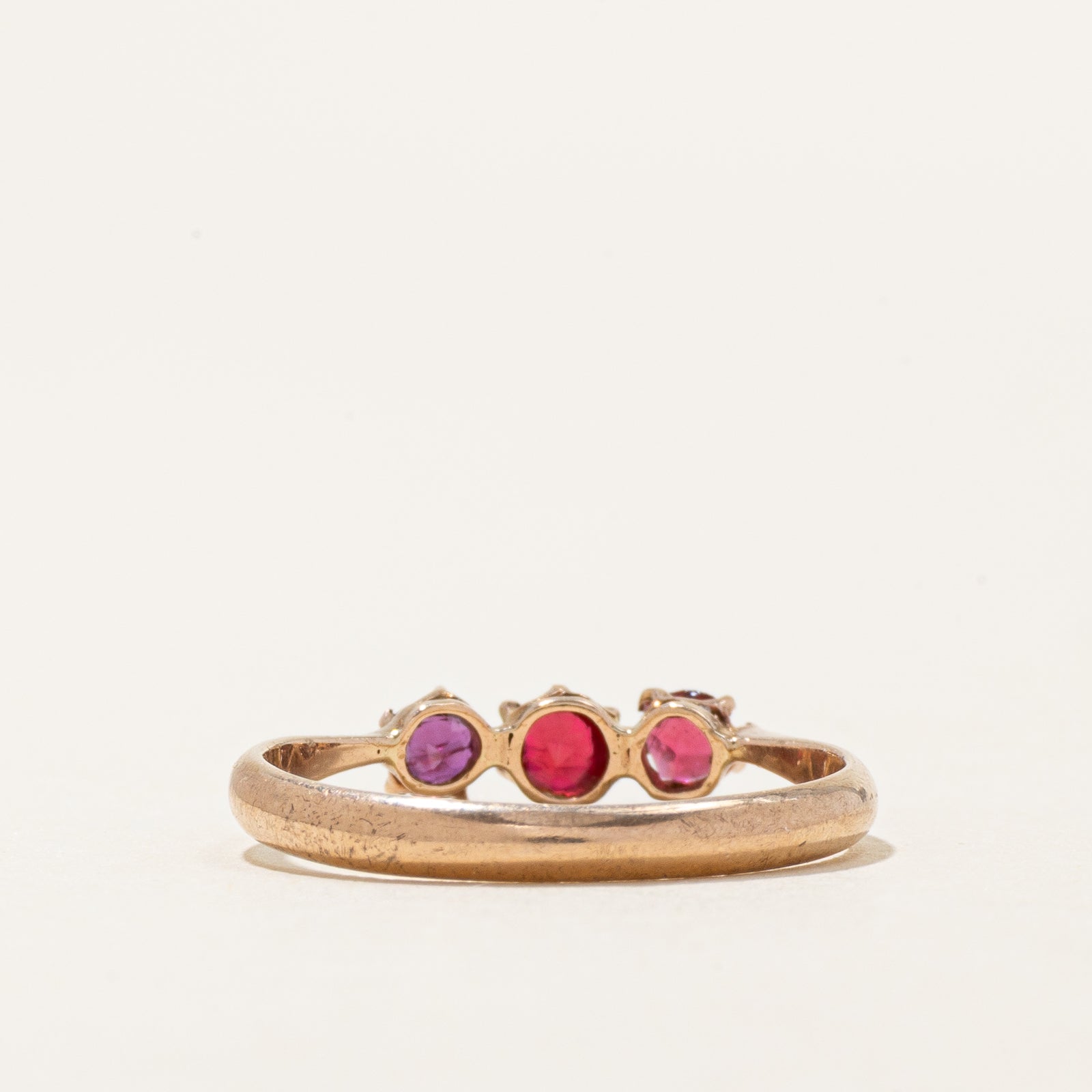 Three Stone Glass & Ruby Reverse Tapered Ring | 0.33ct | SZ 6.5