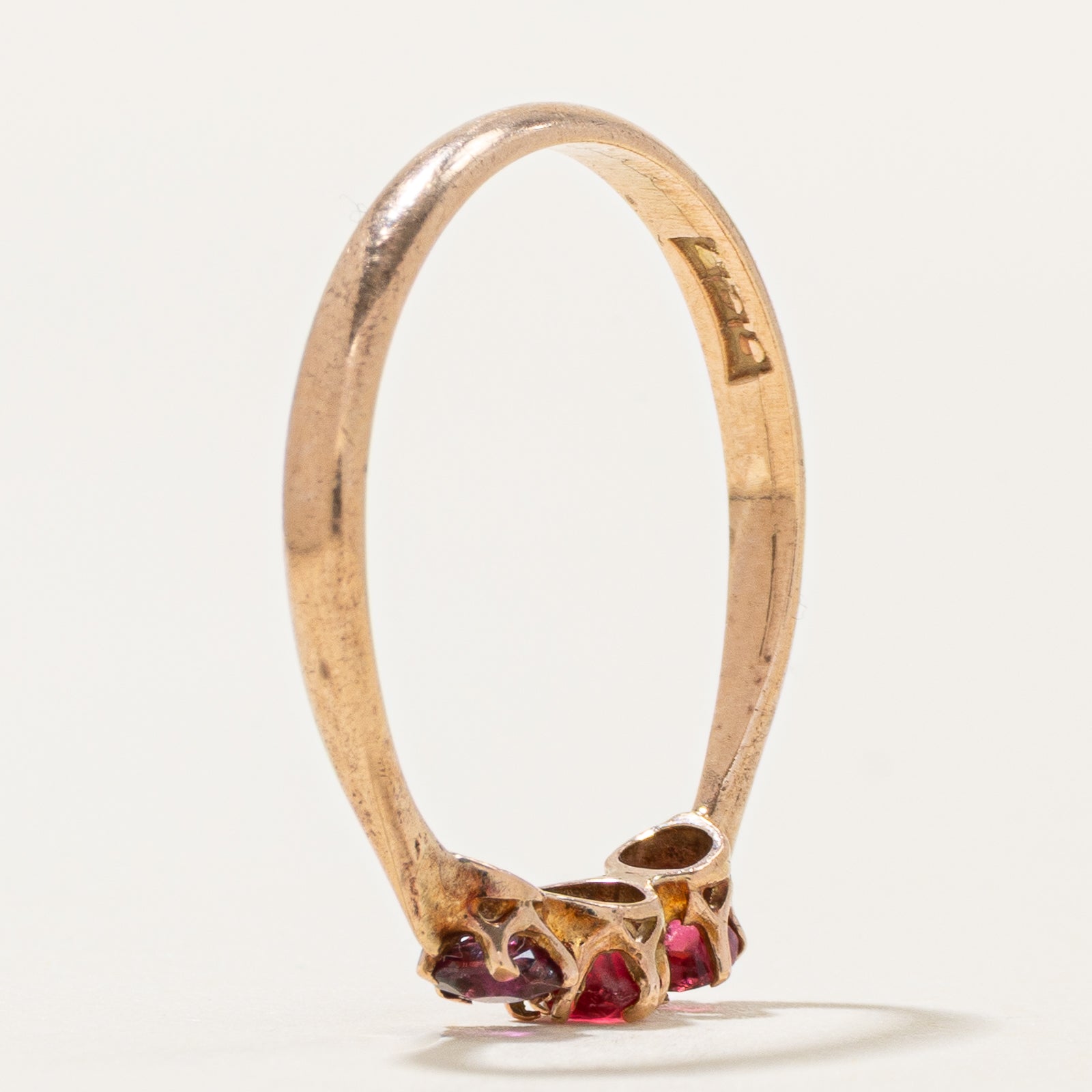 Three Stone Glass & Ruby Reverse Tapered Ring | 0.33ct | SZ 6.5