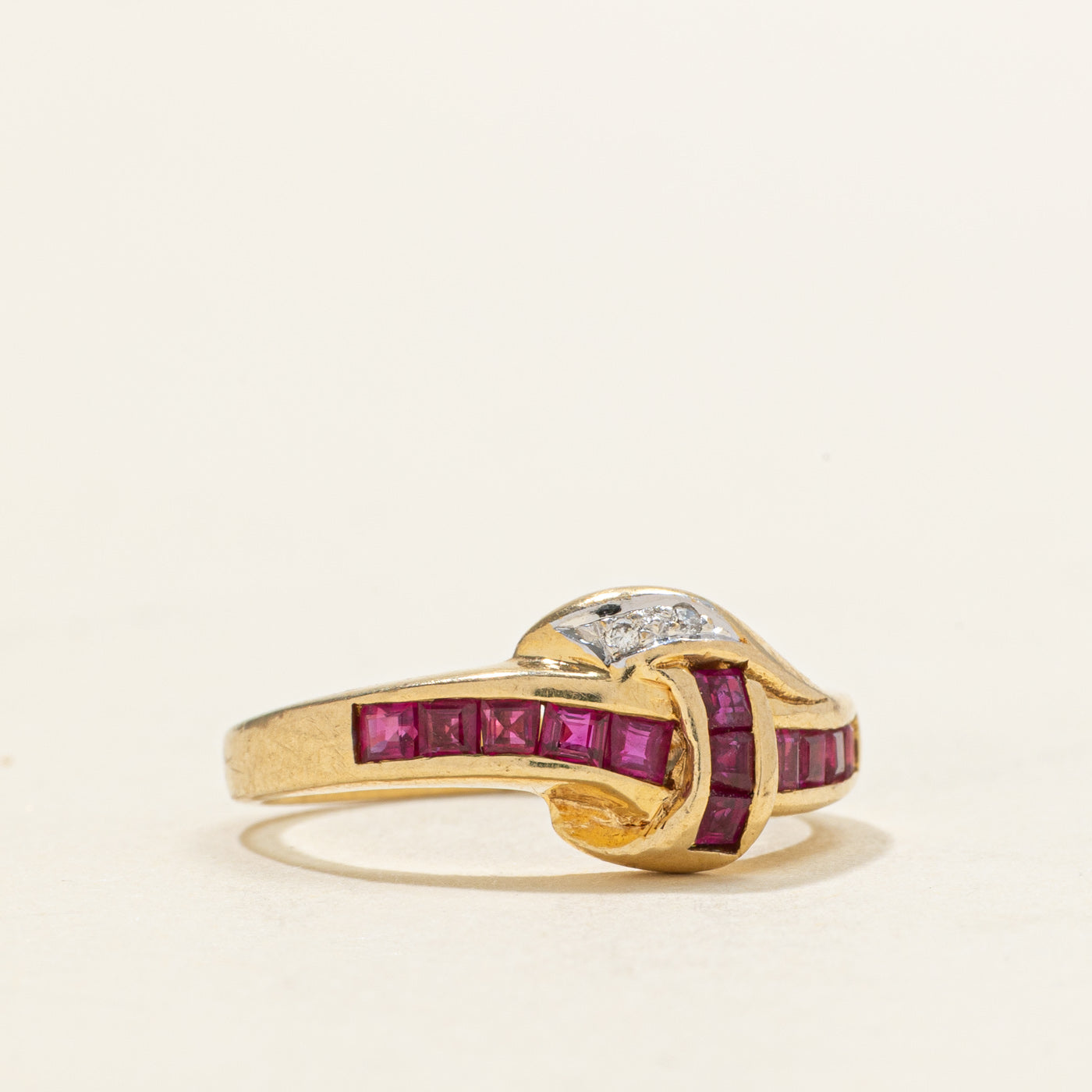 Channel Set Ruby & Diamond Cross Over Ring | 0.21ctw, 0.01ctw | SZ 4.75