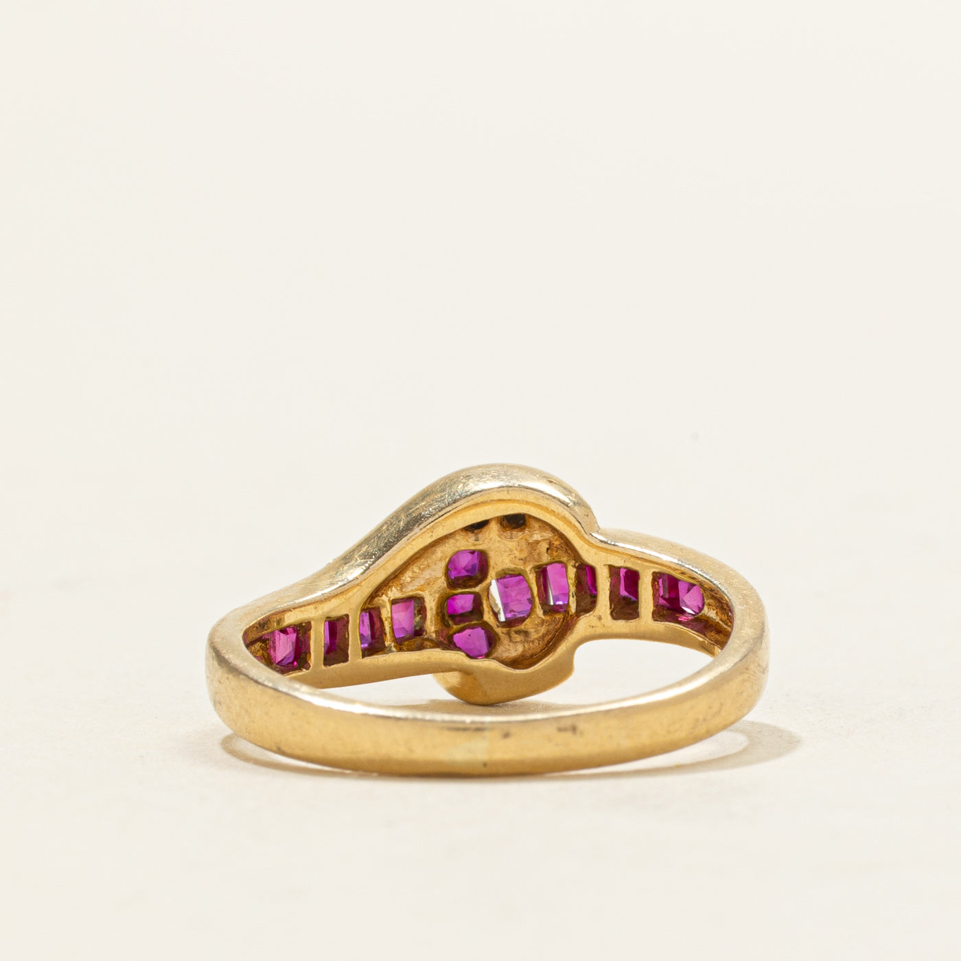 Channel Set Ruby & Diamond Cross Over Ring | 0.21ctw, 0.01ctw | SZ 4.75