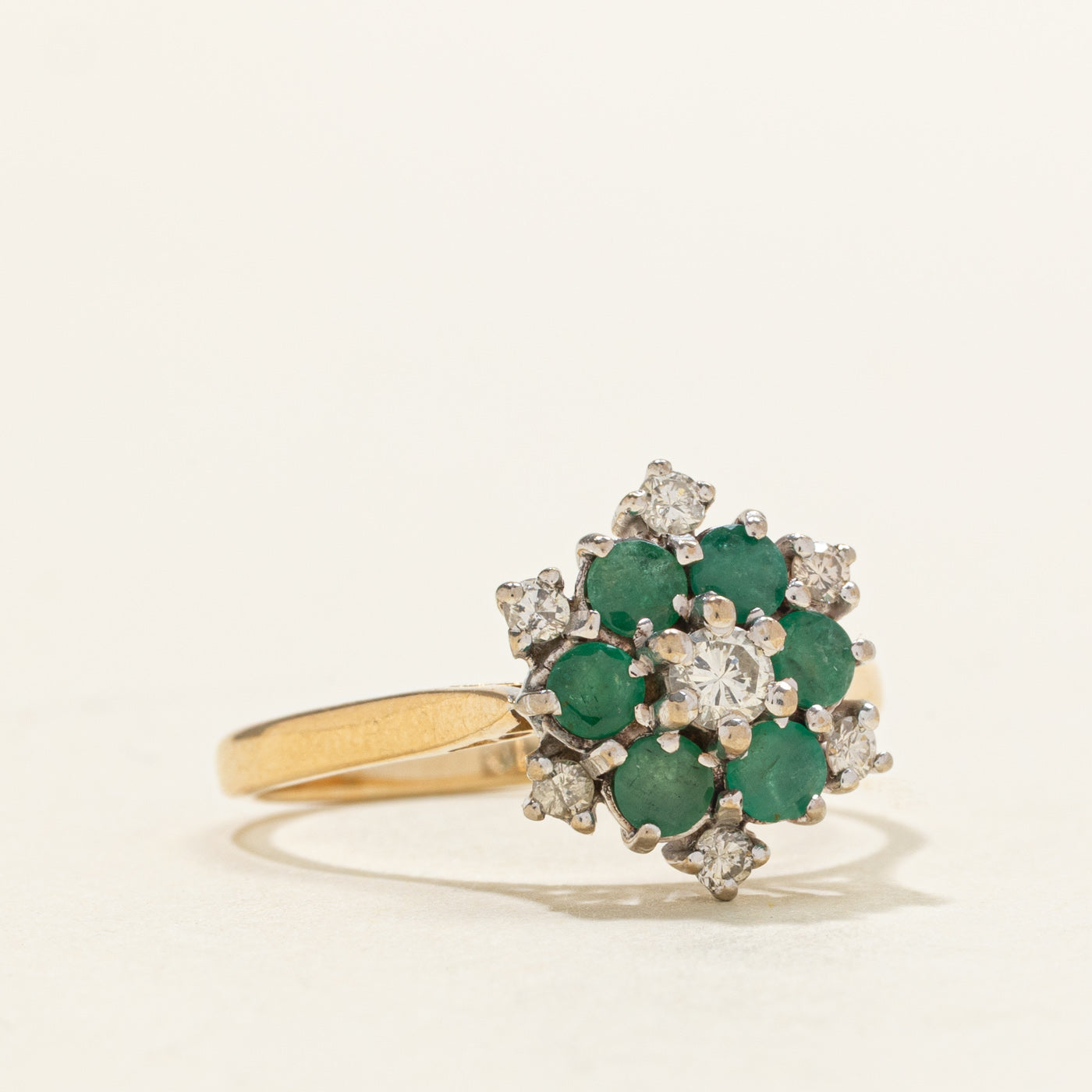 1975 London Emerald & Diamond Floral Cluster Ring | 0.36ctw, 0.17ctw | SZ 8.75