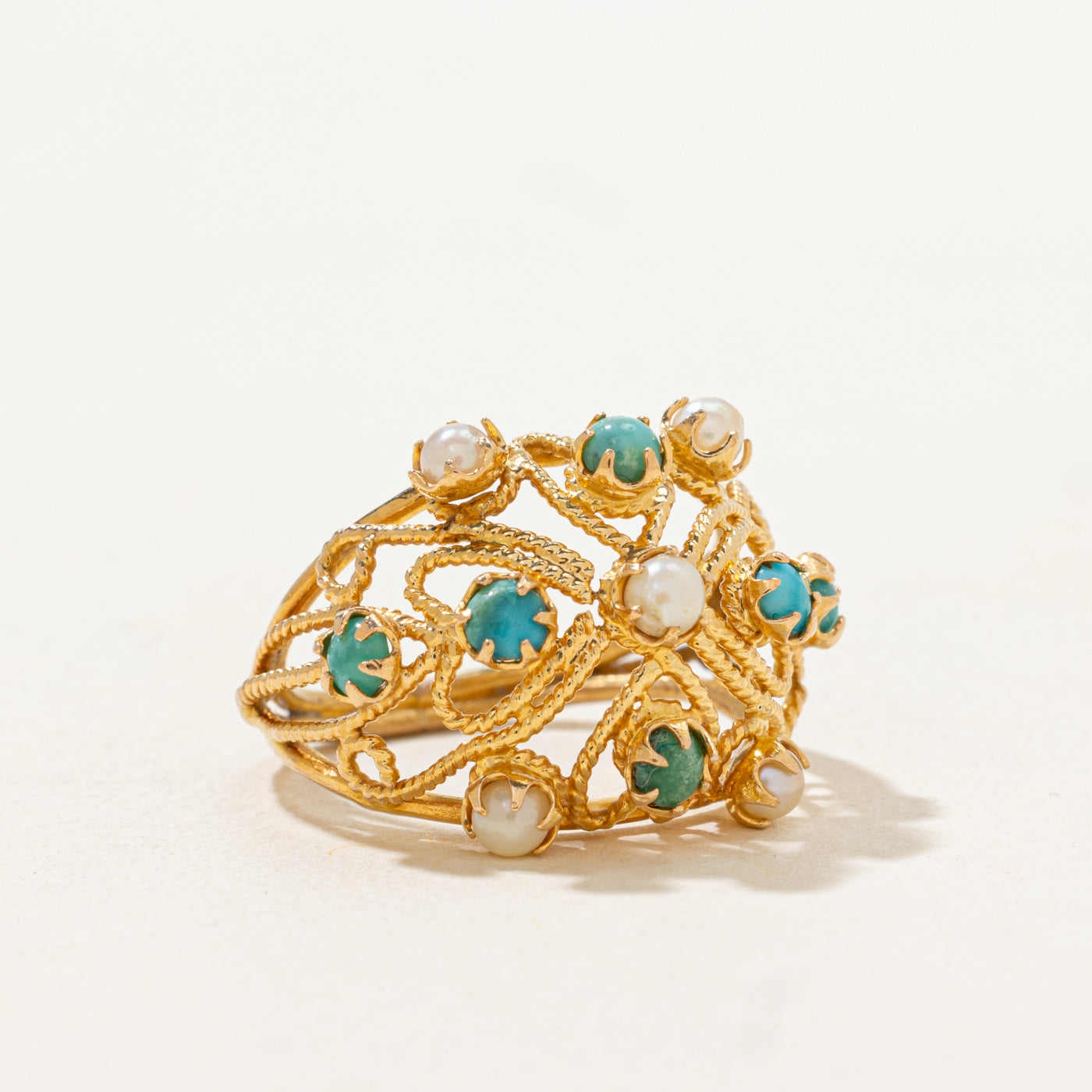 Turquoise & Pearl Openwork Cocktail Ring | 0.42ctw | SZ 4.5 |
