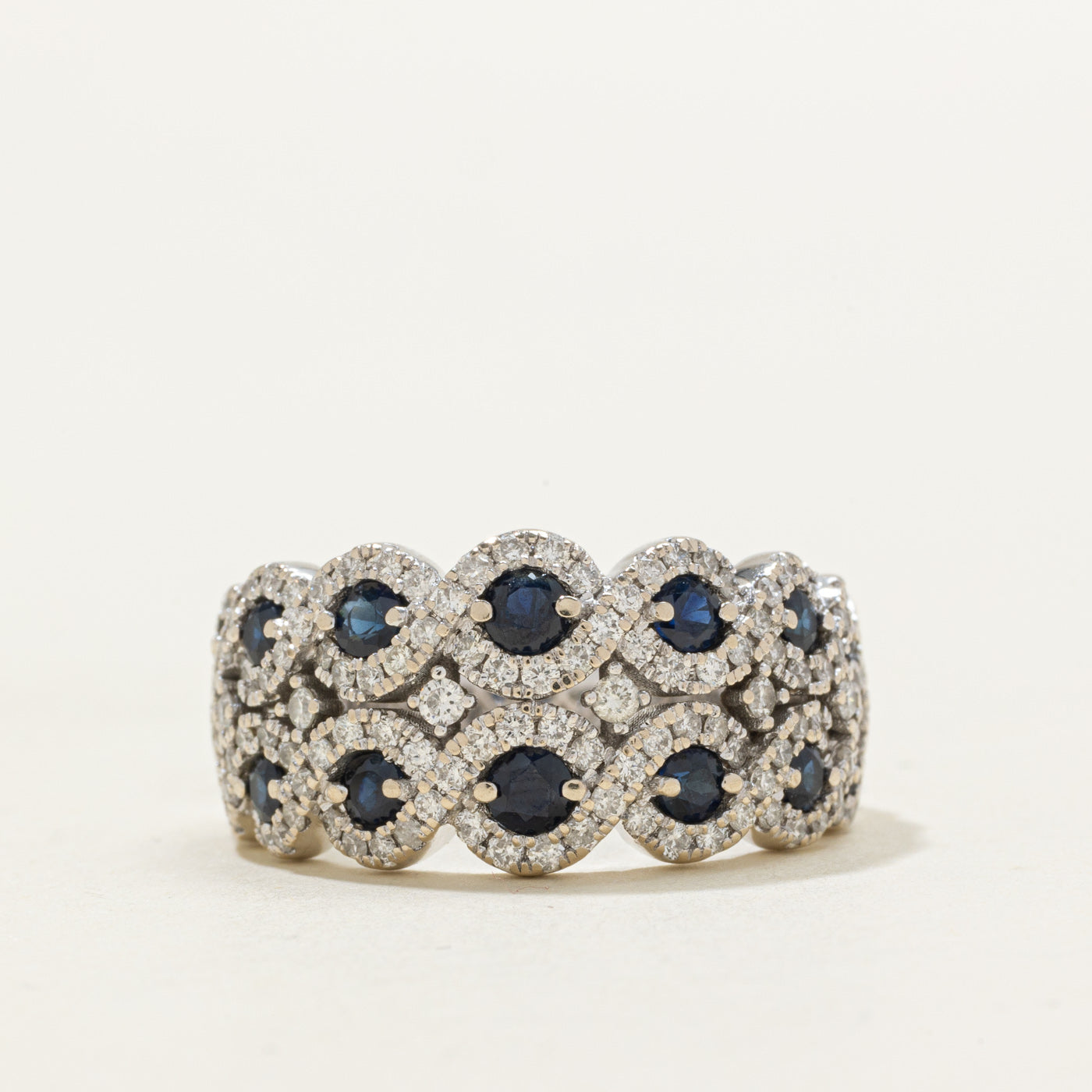 Bague demi-éternité double rangée saphirs et diamants sertis halo | 0,80 ct, 0,50 ct | Taille 7,5