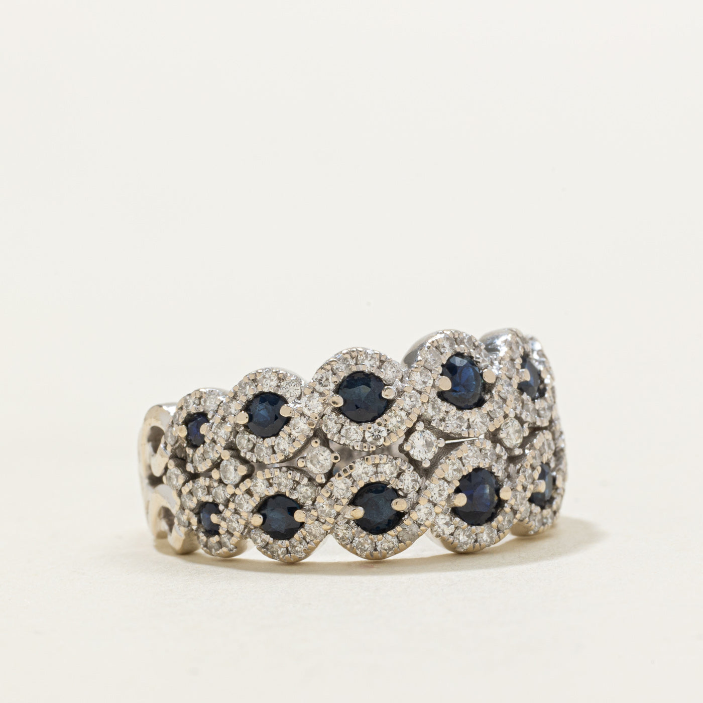 Bague demi-éternité double rangée saphirs et diamants sertis halo | 0,80 ct, 0,50 ct | Taille 7,5