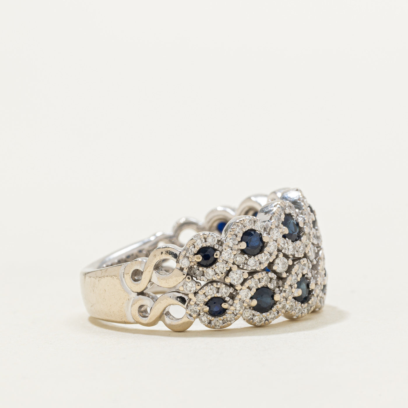 Bague demi-éternité double rangée saphirs et diamants sertis halo | 0,80 ct, 0,50 ct | Taille 7,5