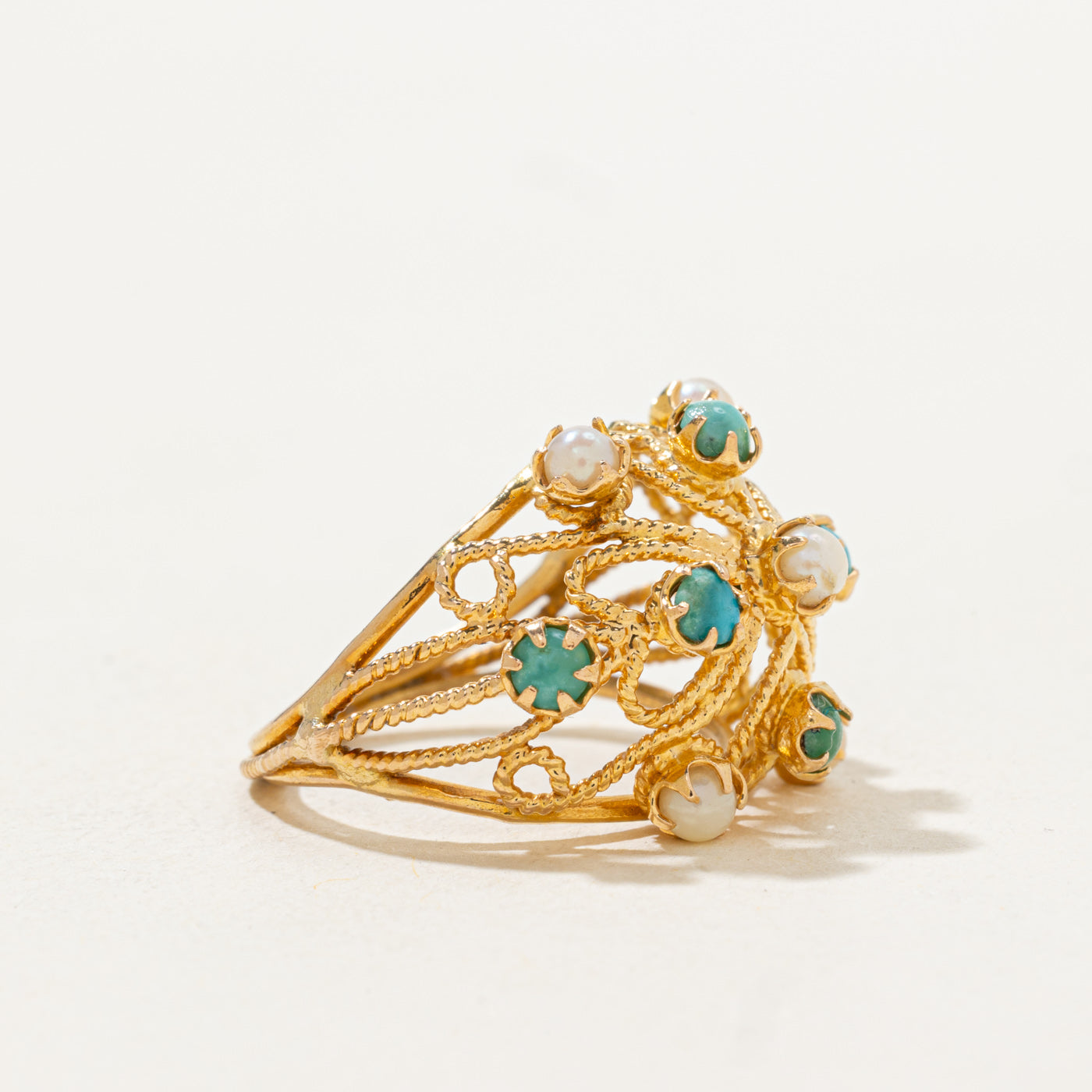 Turquoise & Pearl Openwork Cocktail Ring | 0.42ctw | SZ 4.5 |