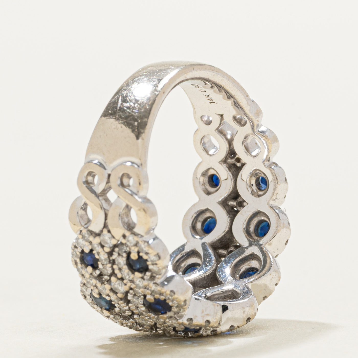 Bague demi-éternité double rangée saphirs et diamants sertis halo | 0,80 ct, 0,50 ct | Taille 7,5