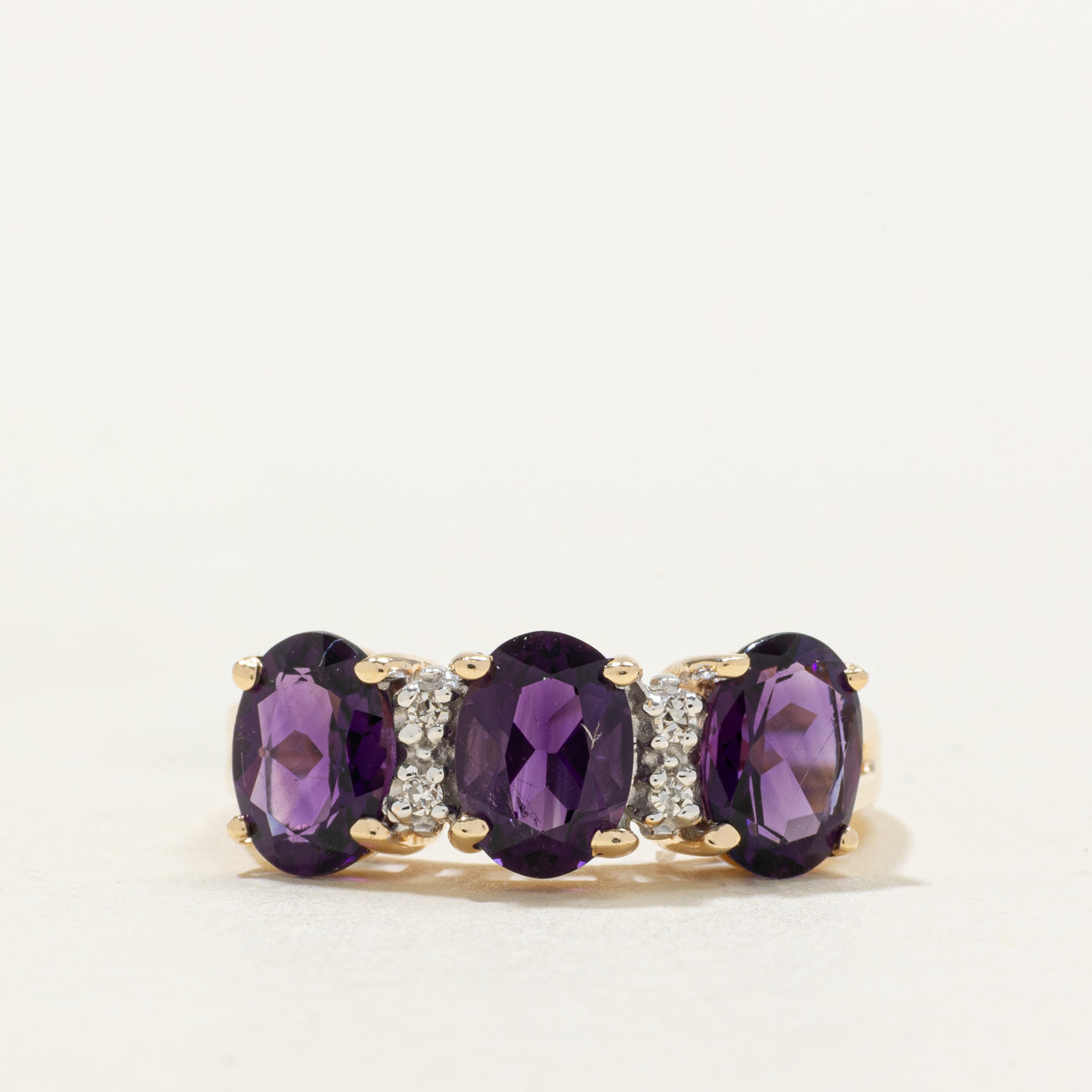 Three Stone Amethyst & Diamond Ring | 1.70ctw, 0.02ctw | SZ 6.0