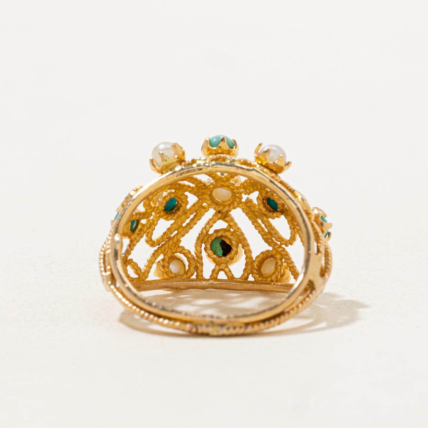 Turquoise & Pearl Openwork Cocktail Ring | 0.42ctw | SZ 4.5 |