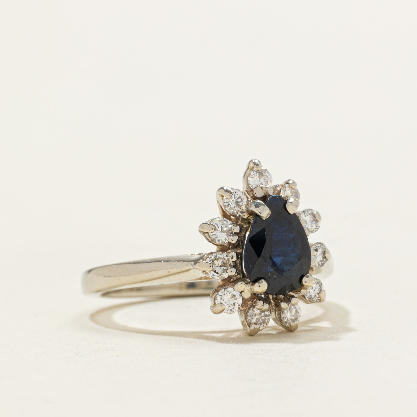 Pear Cut Sapphire & Diamond Petal Halo Ring | 0.70ct, 0.16ctw | SZ 4.0