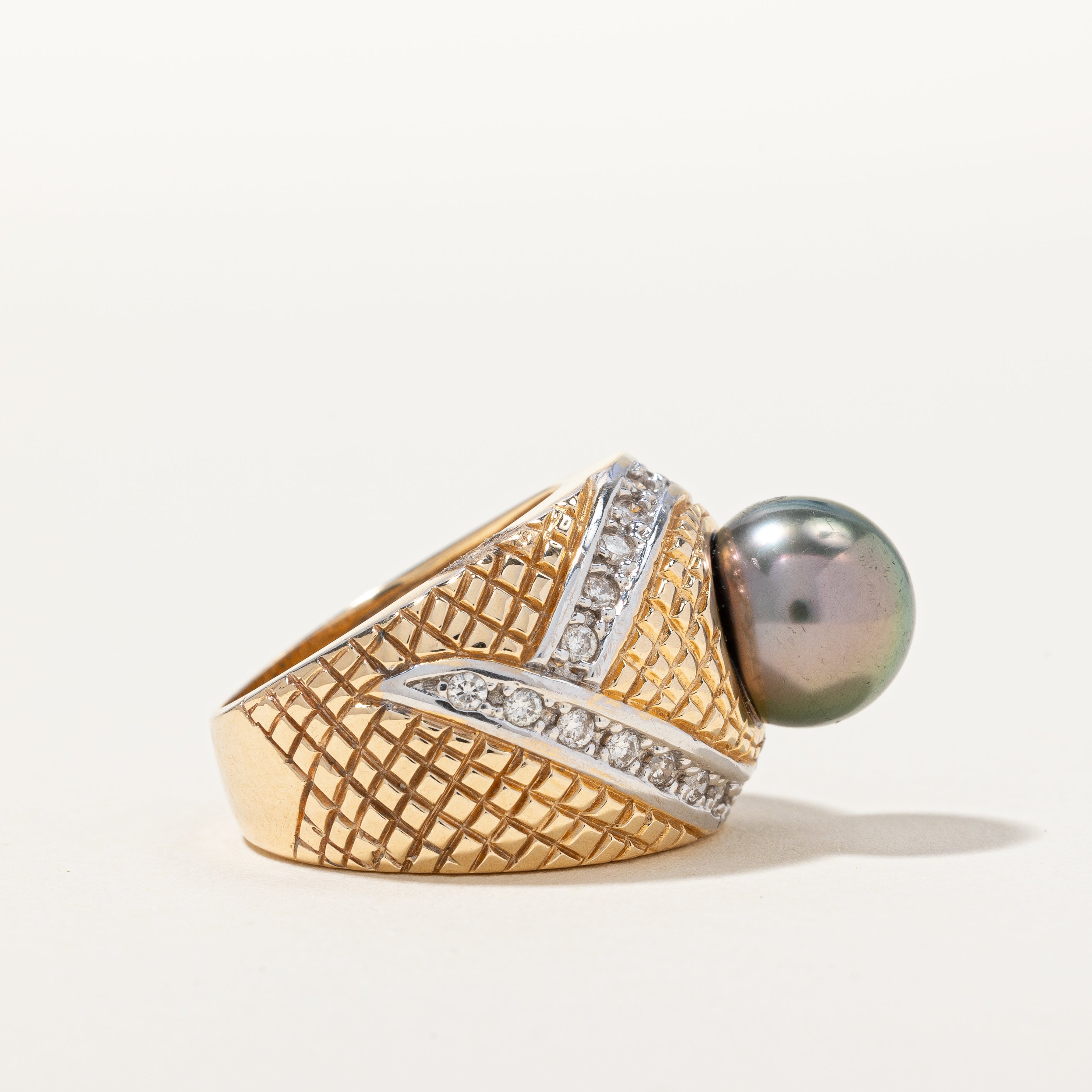 Black Pearl & Diamond Cocktail Ring | 0.36ctw | SZ 6.5 |