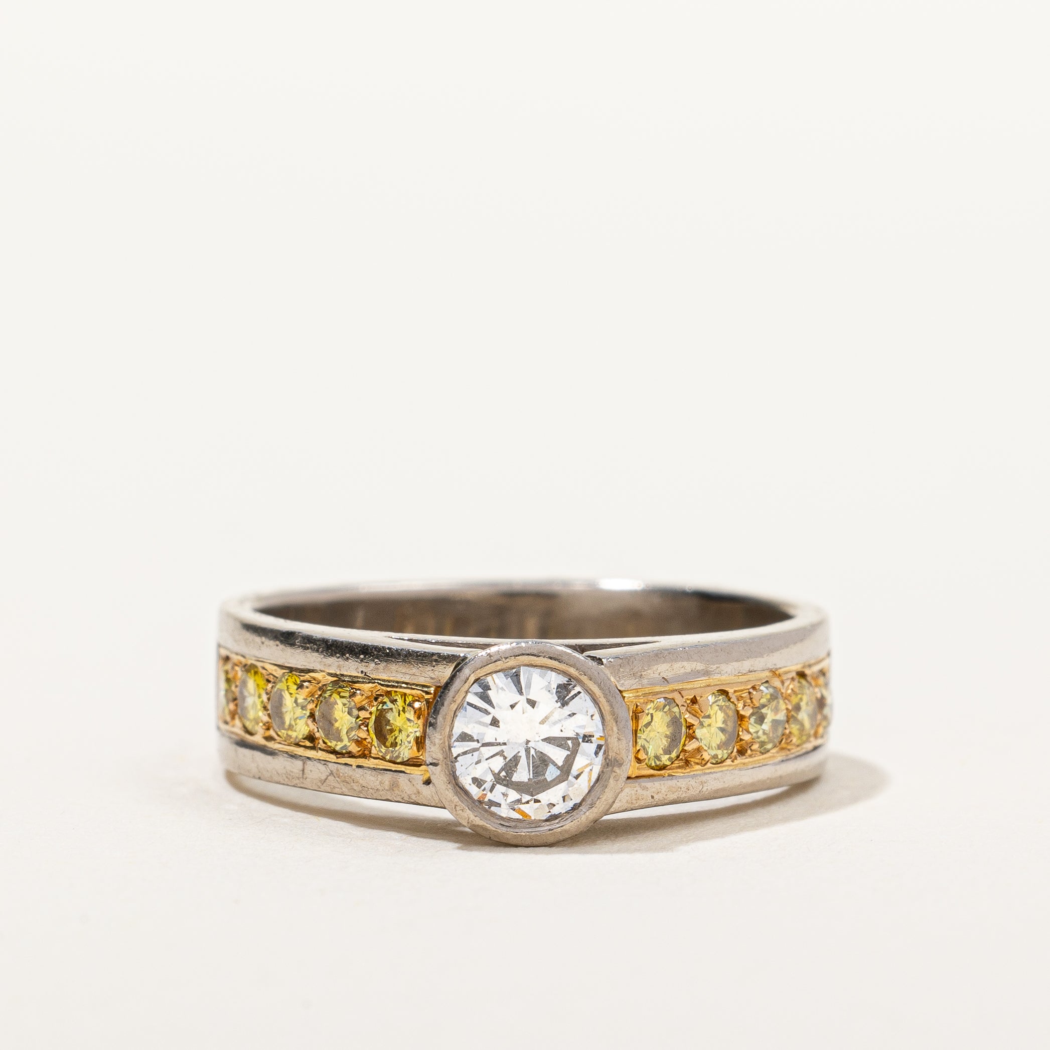 Bezel Set Diamond & Yellow Diamond Accented Engagement Ring | 0.85ctw | SZ 6.5 |