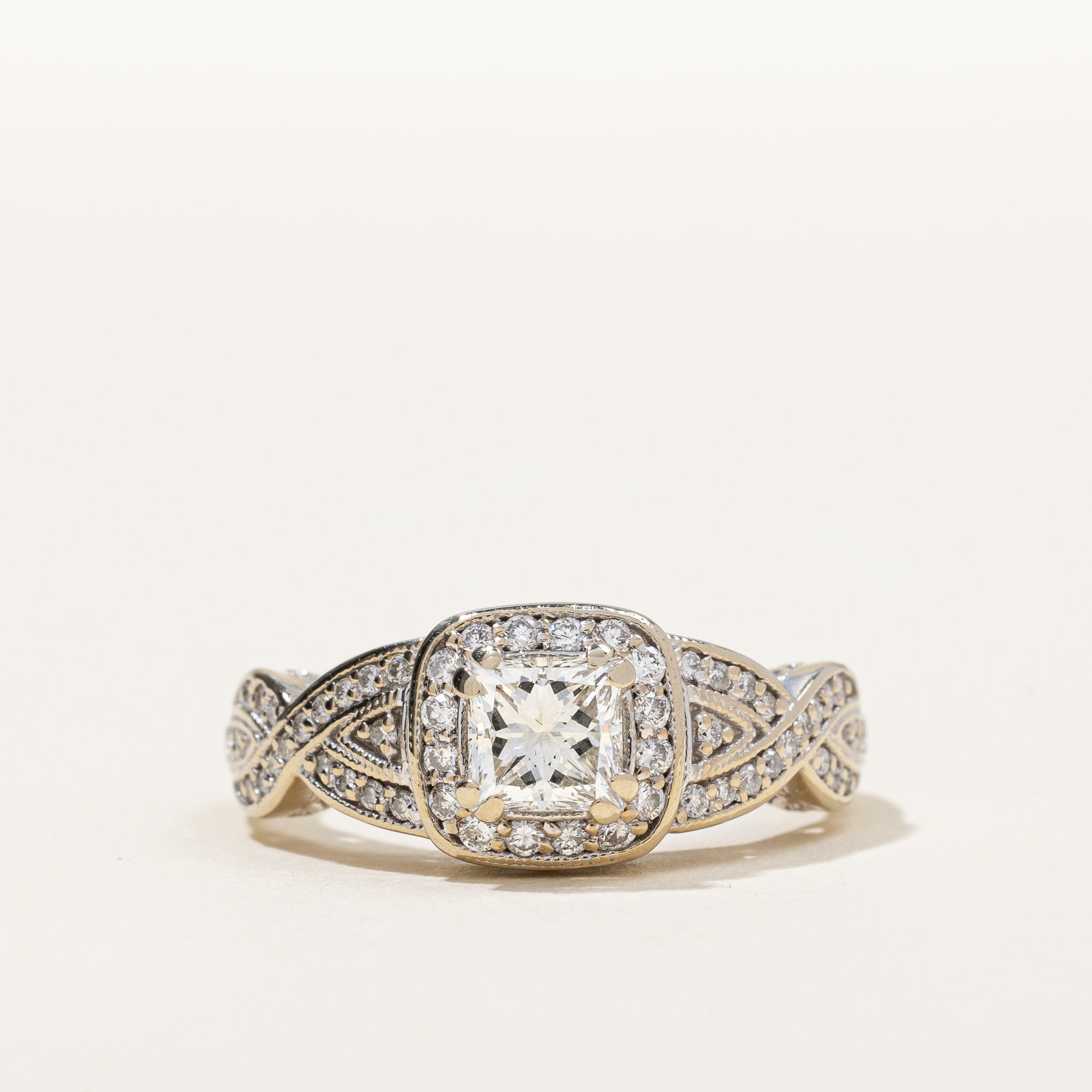 Princess Cut Diamond Halo Cross Over Engagement Ring | 1.05ctw SI1 I | SZ 7