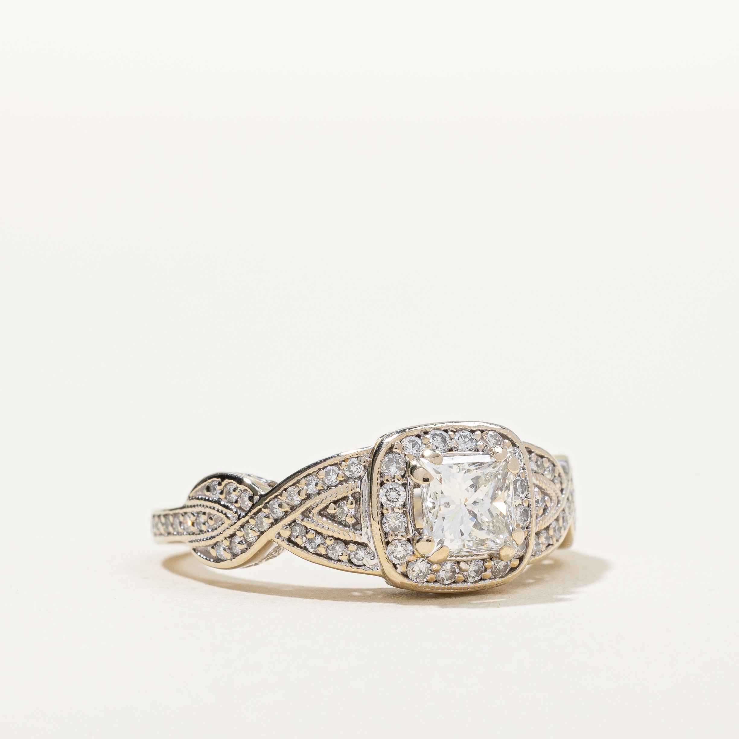 Princess Cut Diamond Halo Cross Over Engagement Ring | 1.05ctw SI1 I | SZ 7