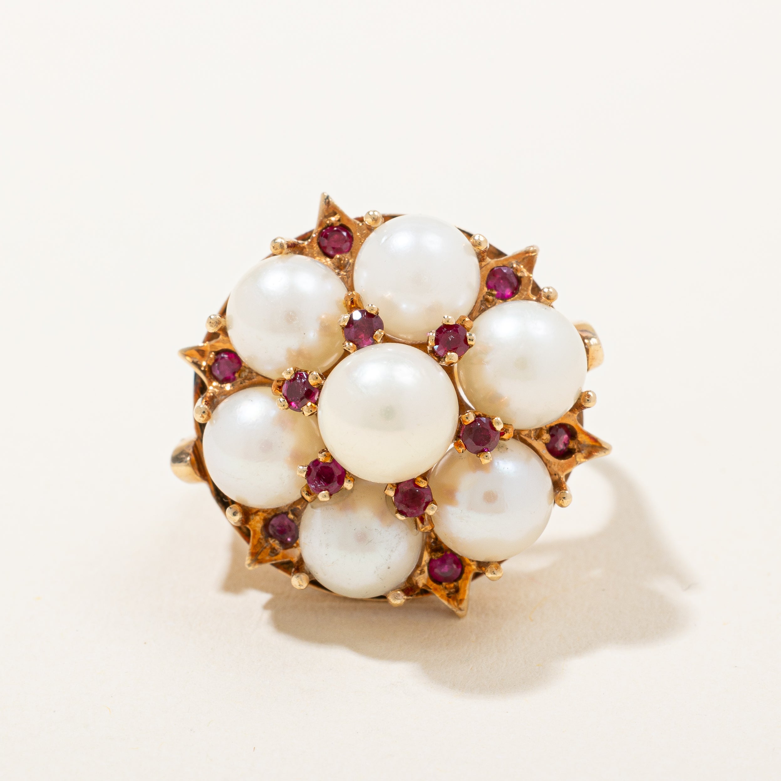 Retro Era Pearl & Ruby Cluster Cocktail Ring | SZ 5.25 |