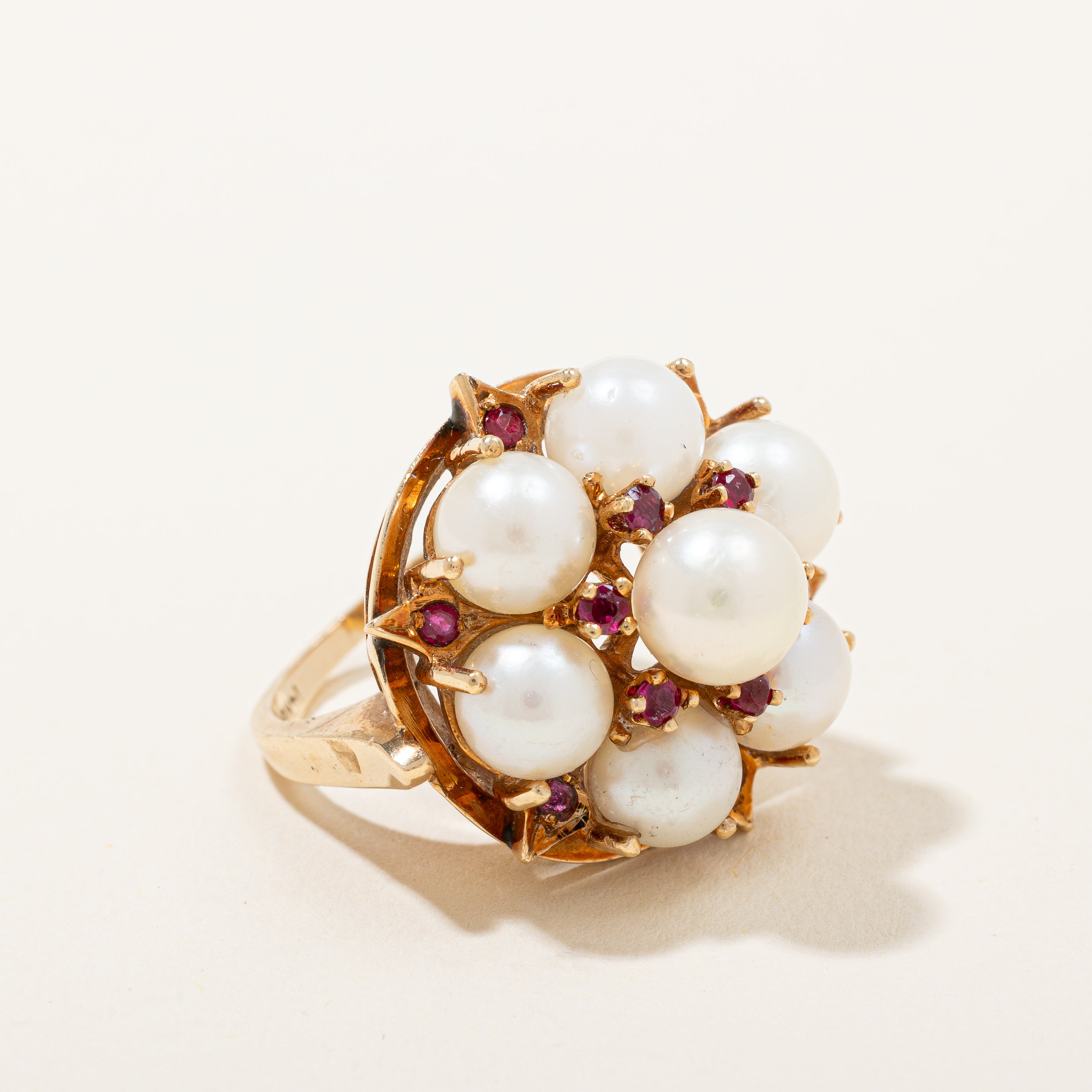 Retro Era Pearl & Ruby Cluster Cocktail Ring | SZ 5.25 |