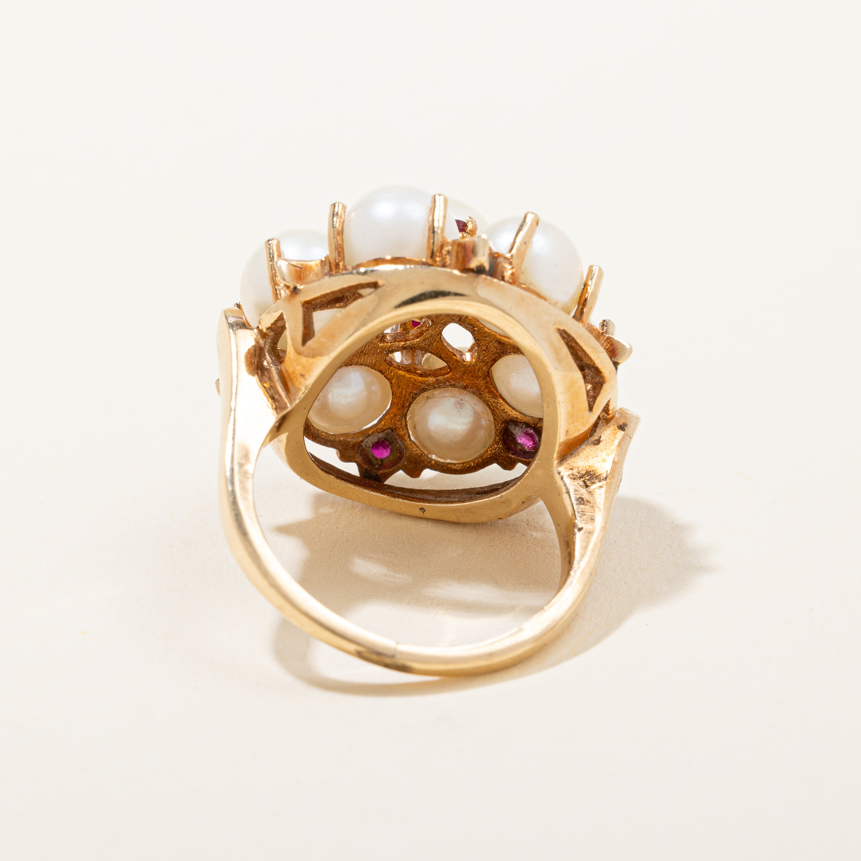 Retro Era Pearl & Ruby Cluster Cocktail Ring | SZ 5.25 |