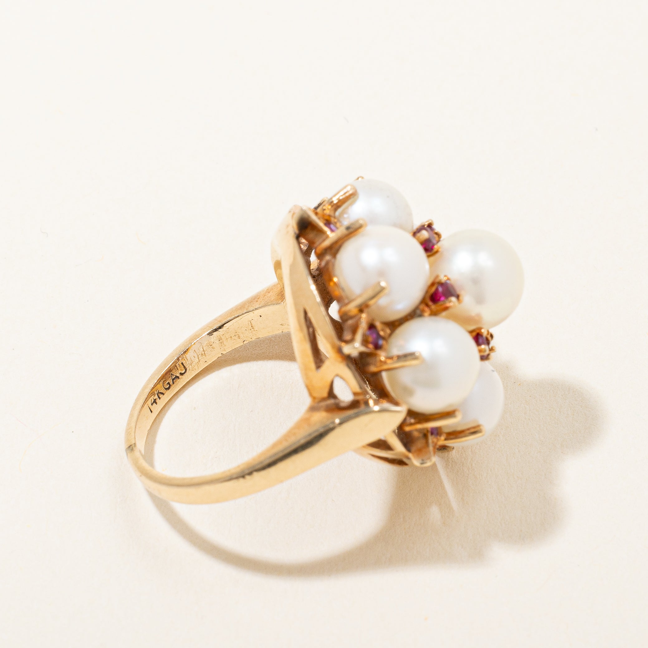 Retro Era Pearl & Ruby Cluster Cocktail Ring | SZ 5.25 |