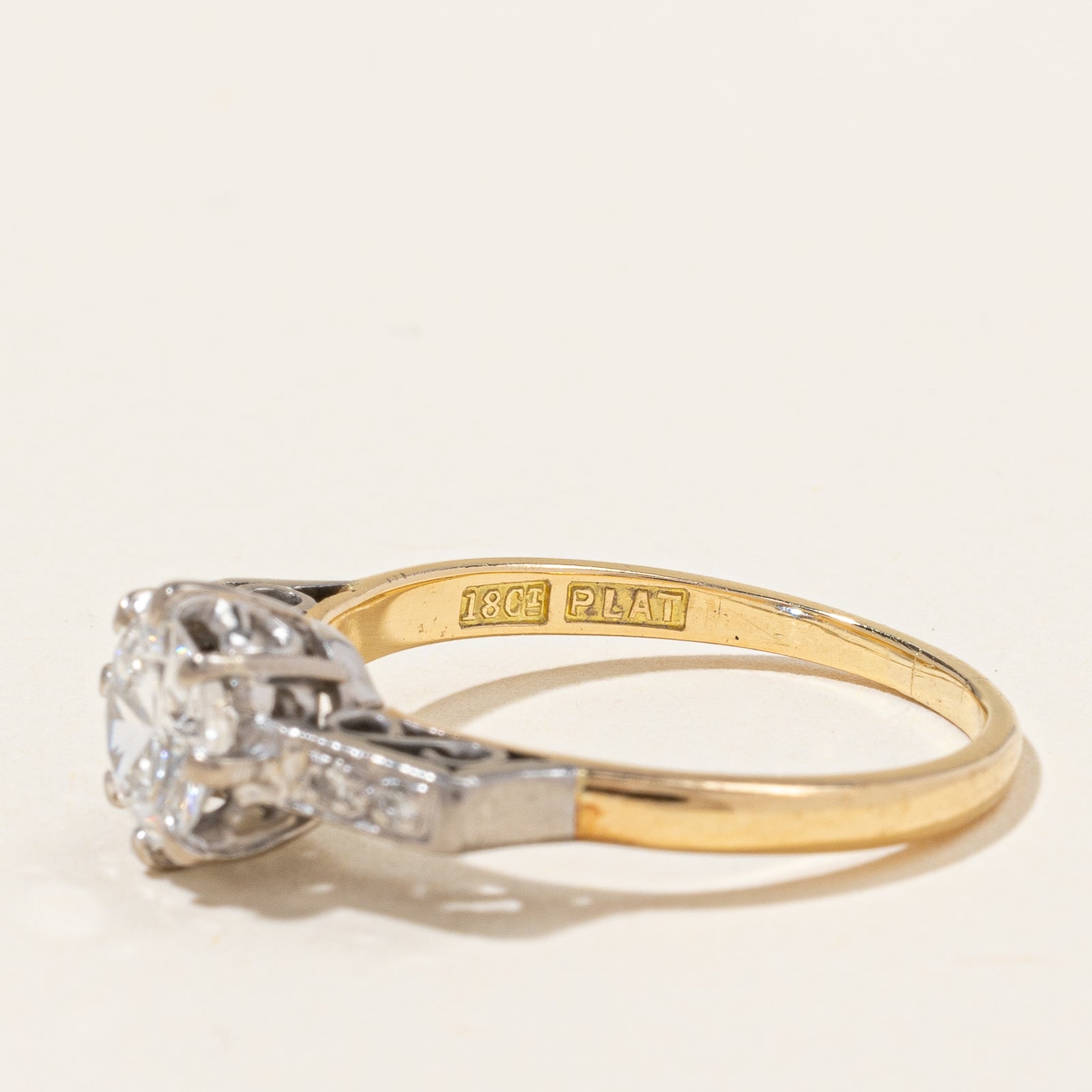 Bague de fiançailles édouardienne en platine et or jaune | 0,92 ct, taille 6,5 |