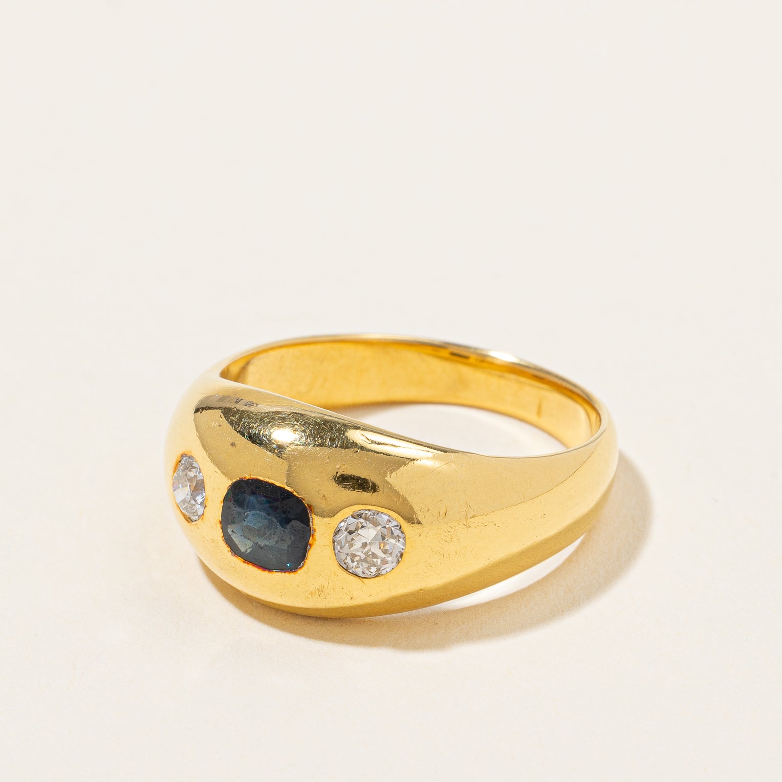 Antique Flush Set Sapphire & Old Cut Diamond Ring | 0.30 ctw, SZ 8.25 |