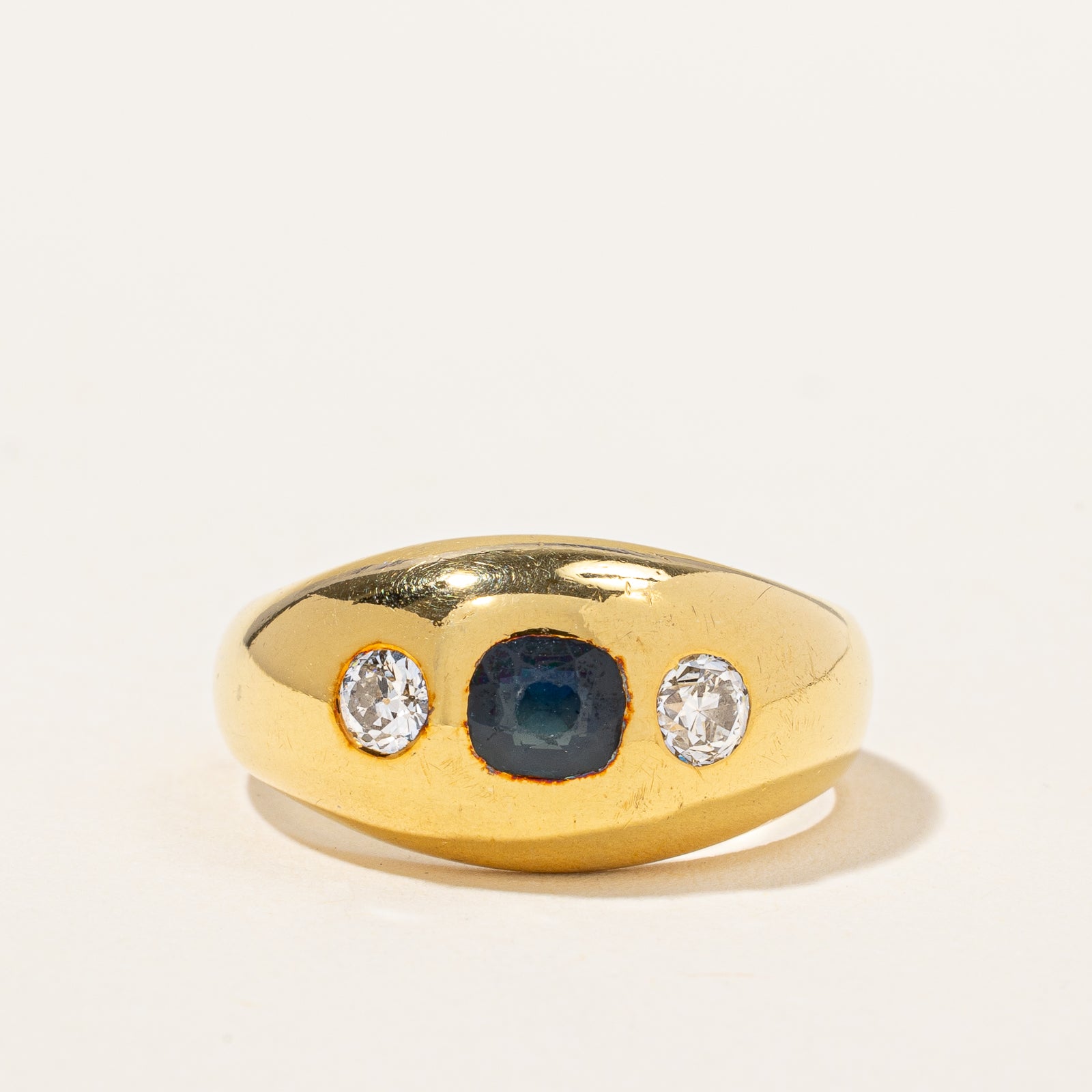 Antique Flush Set Sapphire & Old Cut Diamond Ring | 0.30 ctw, SZ 8.25 |