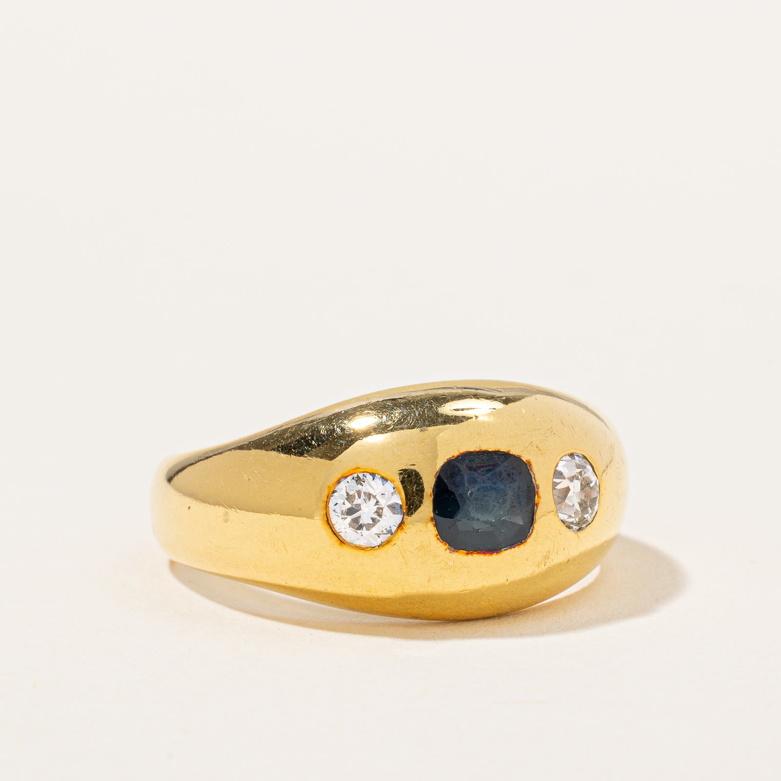 Antique Flush Set Sapphire & Old Cut Diamond Ring | 0.30 ctw, SZ 8.25 |