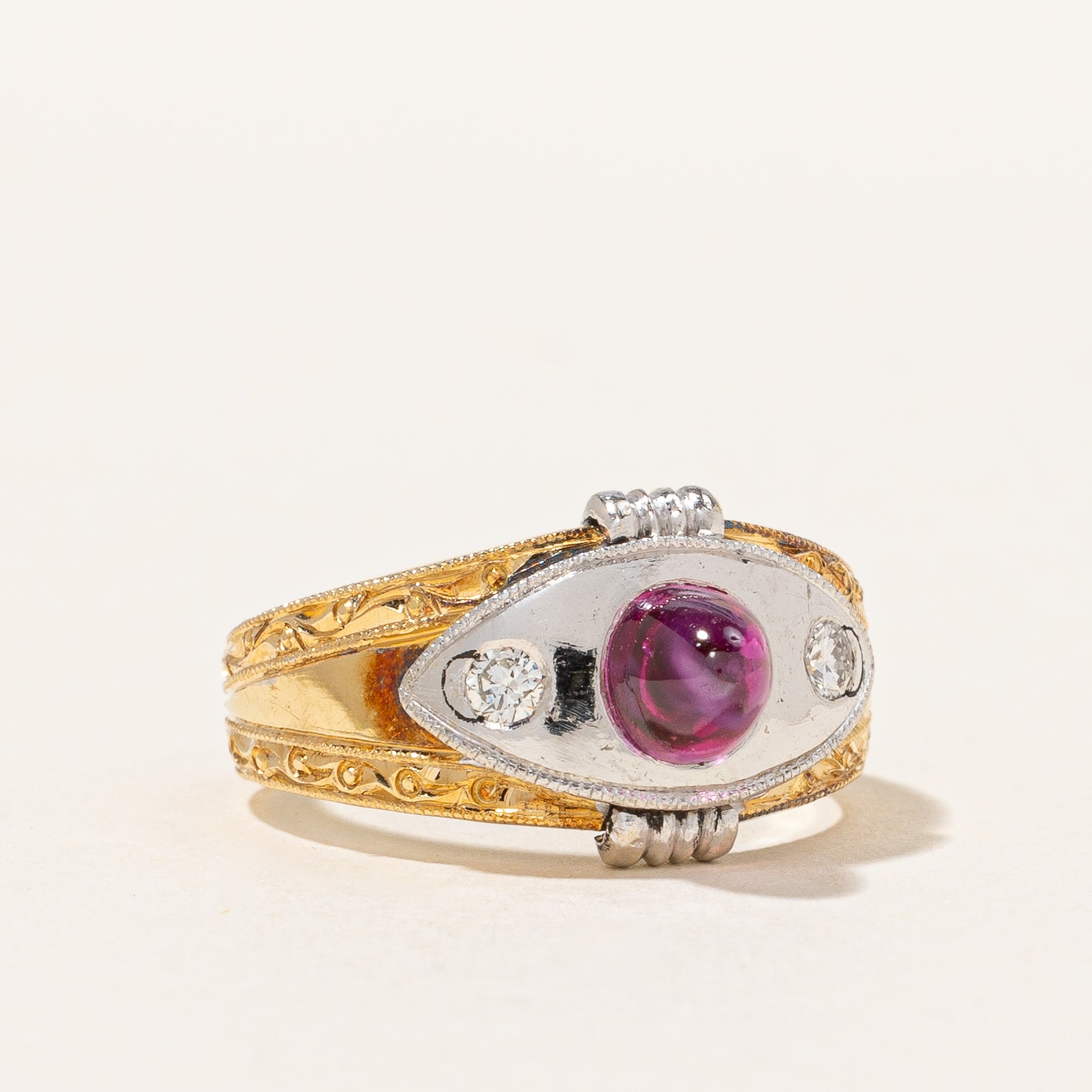 Retro Natural Ruby Cabochon & Diamond Ring | 1.25ct, 0.06ctw | SZ 4.75 |
