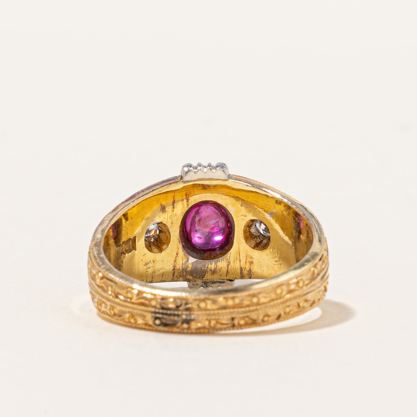 Retro Natural Ruby Cabochon & Diamond Ring | 1.25ct, 0.06ctw | SZ 4.75 |