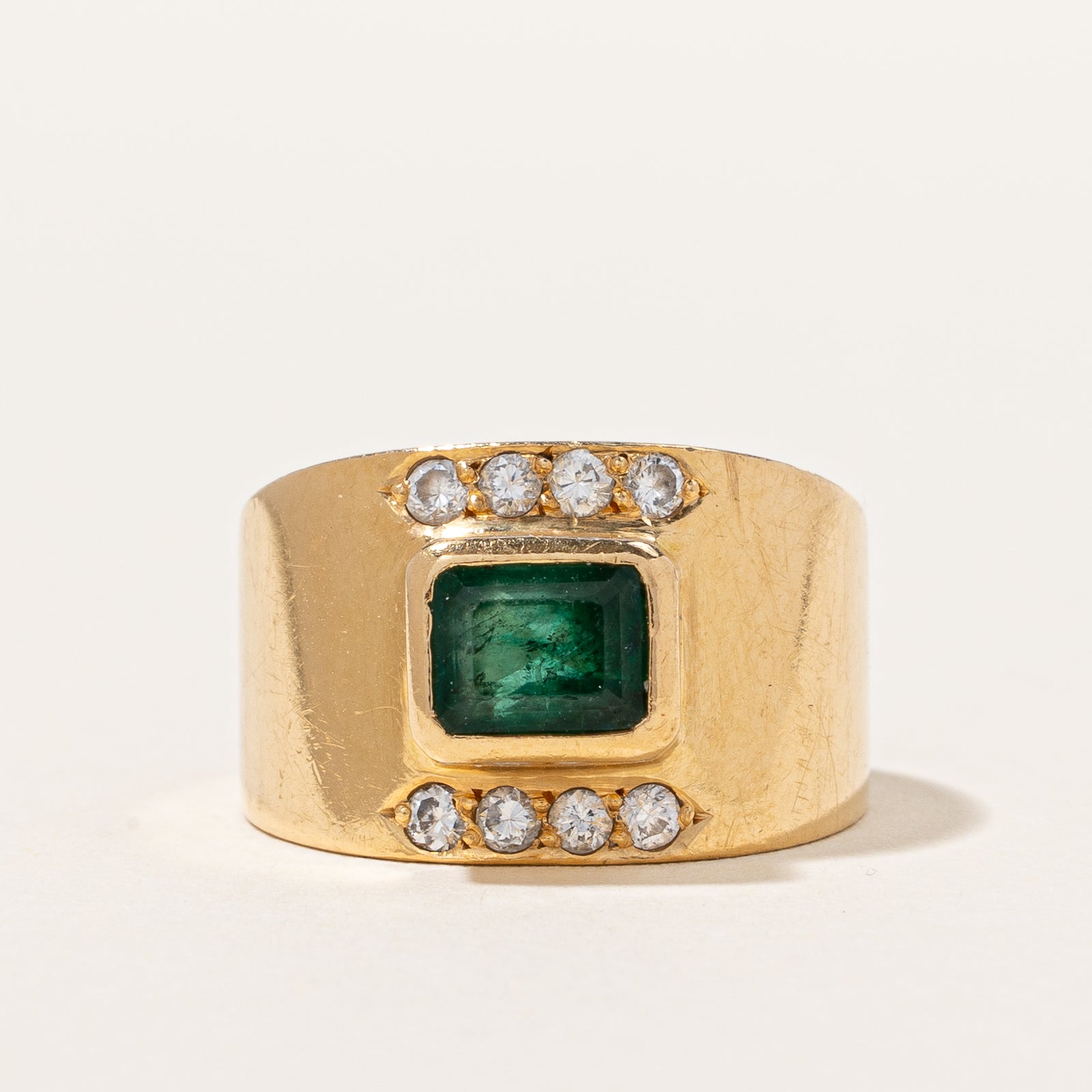 Vintage Bezel Set Emerald & Diamond Ring | 0.16ctw, 1.12ct | SZ 5 |