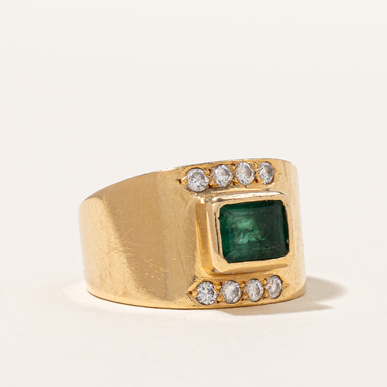 Vintage Bezel Set Emerald & Diamond Ring | 0.16ctw, 1.12ct | SZ 5 |