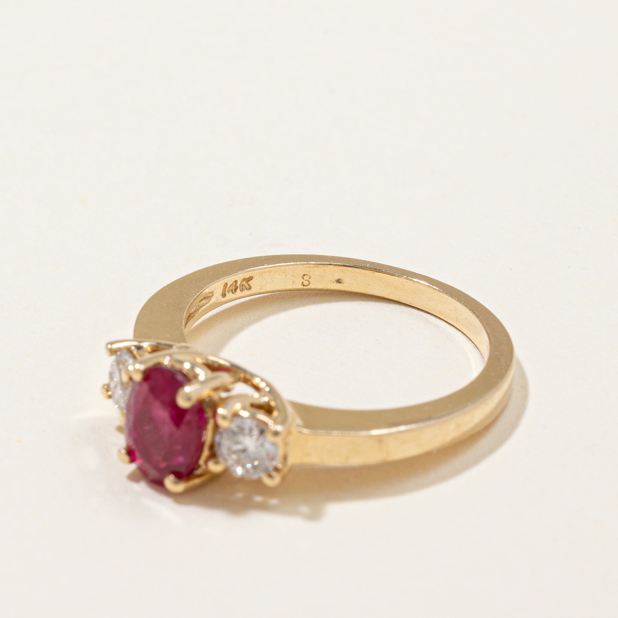 Oval Glass-filled Ruby & Diamond Three Stone Ring | 1.15ct, 0.36ctw | SZ 7 |