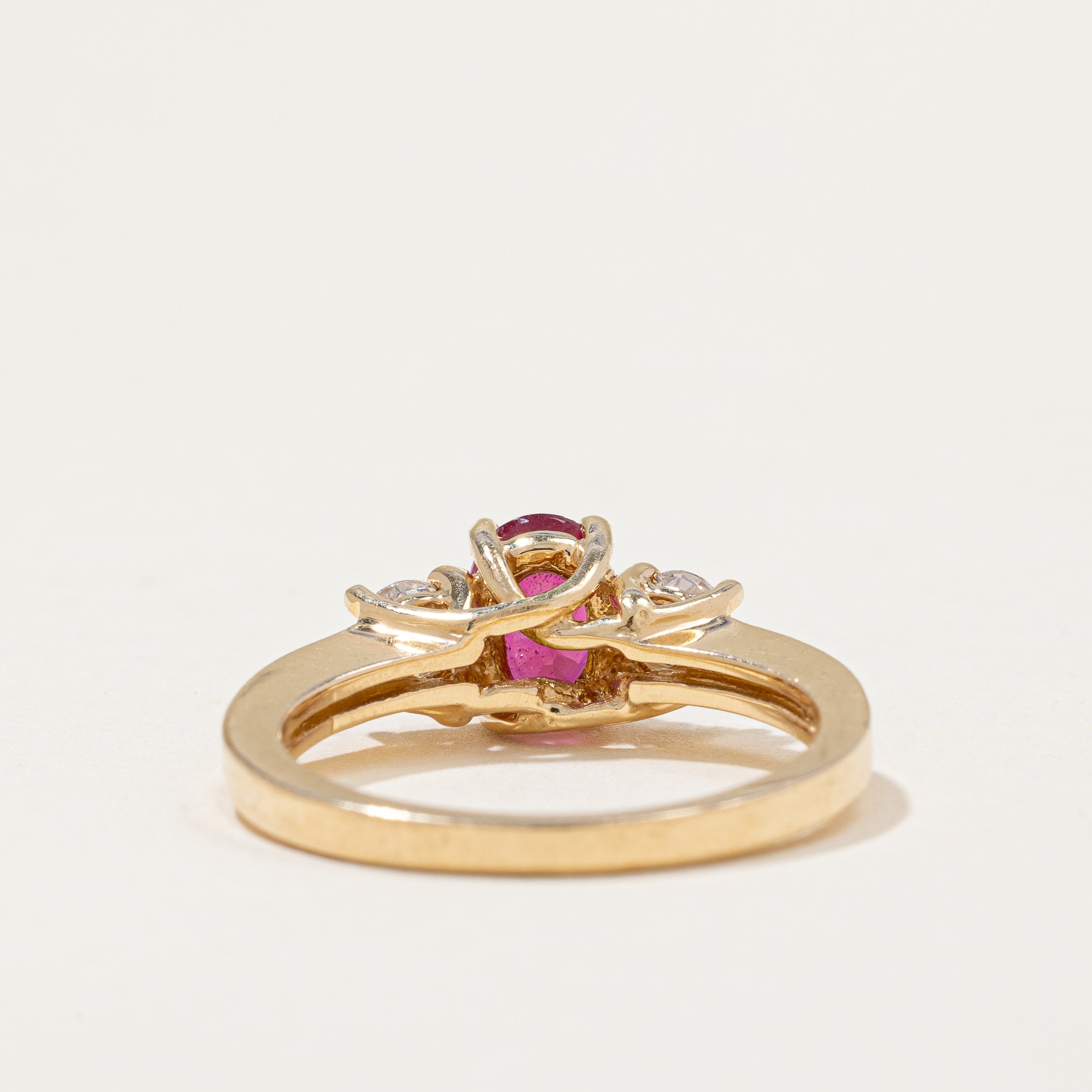 Oval Glass-filled Ruby & Diamond Three Stone Ring | 1.15ct, 0.36ctw | SZ 7 |