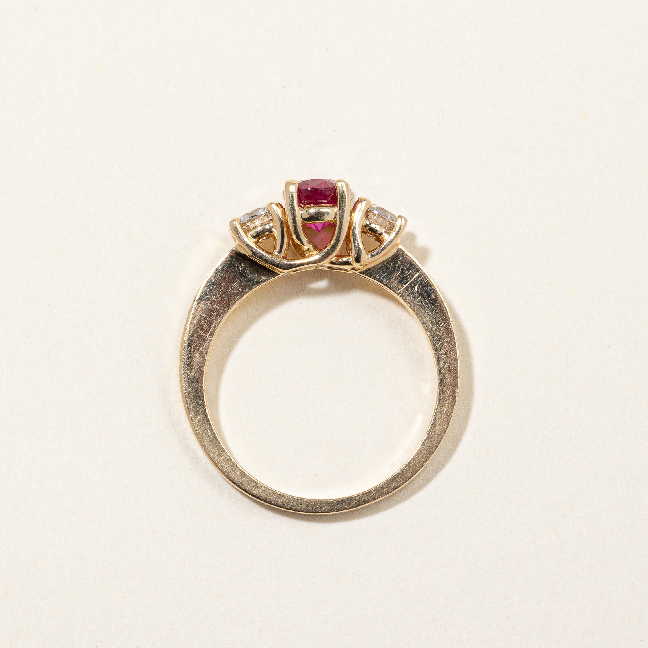 Oval Glass-filled Ruby & Diamond Three Stone Ring | 1.15ct, 0.36ctw | SZ 7 |