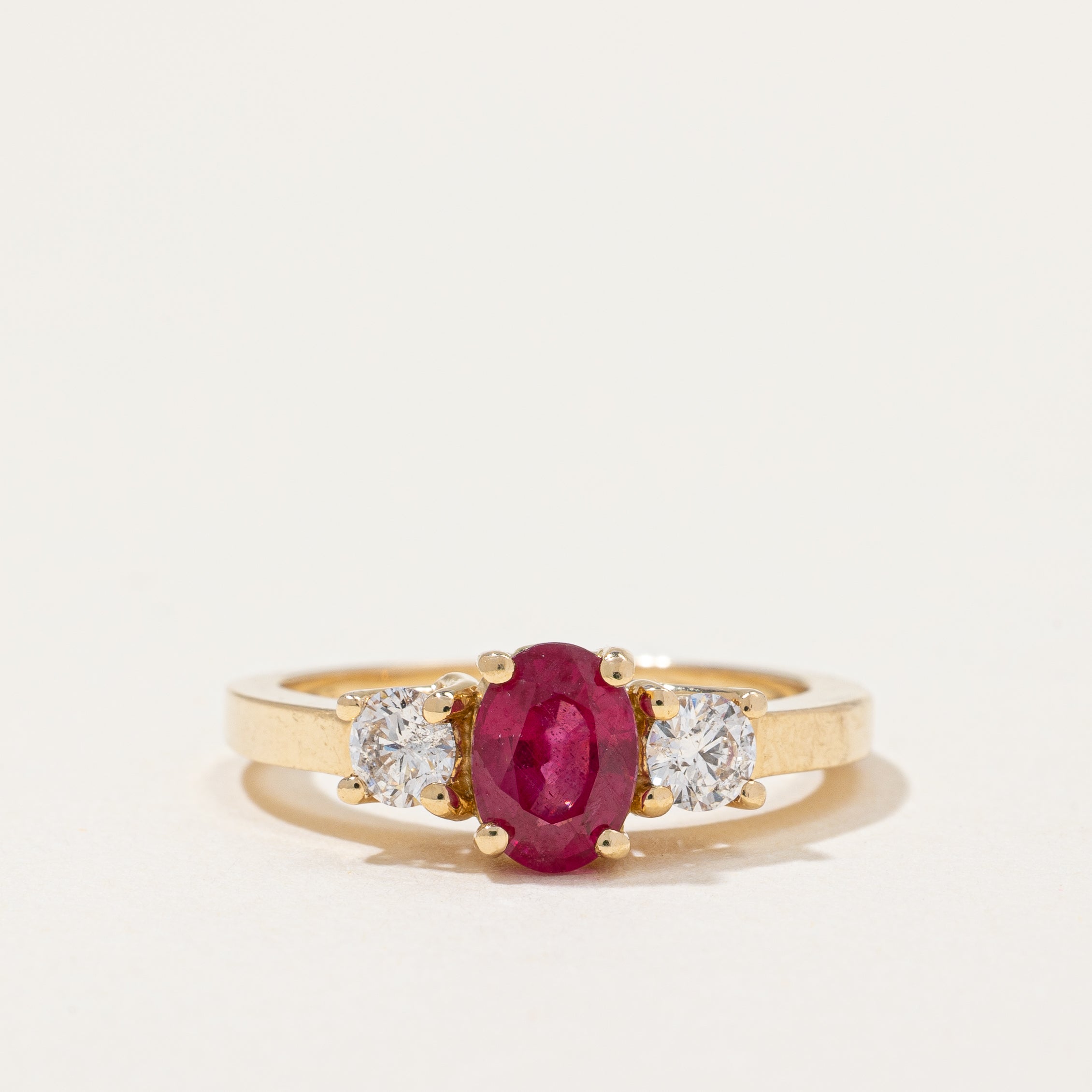 Oval Glass-filled Ruby & Diamond Three Stone Ring | 1.15ct, 0.36ctw | SZ 7 |