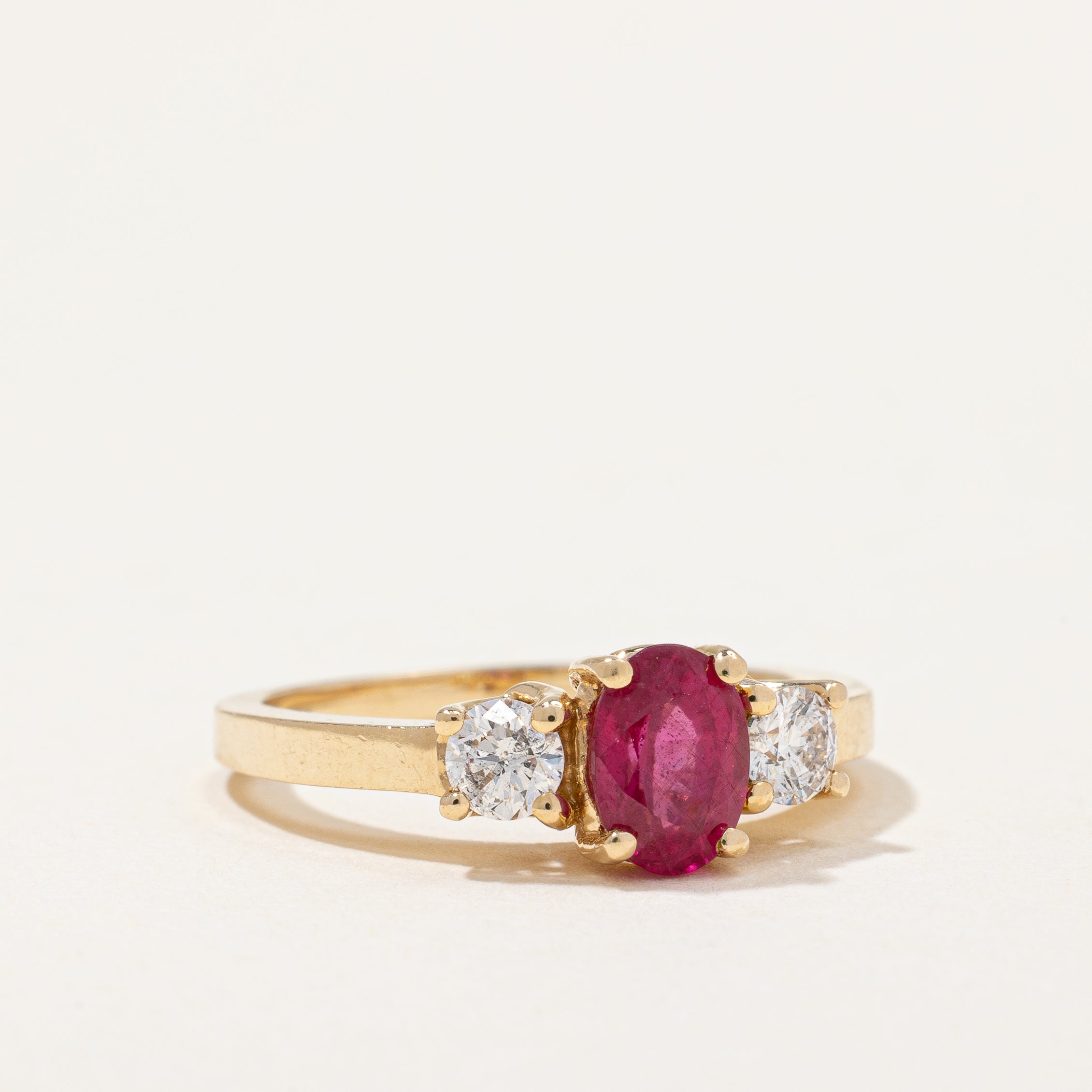 Oval Glass-filled Ruby & Diamond Three Stone Ring | 1.15ct, 0.36ctw | SZ 7 |