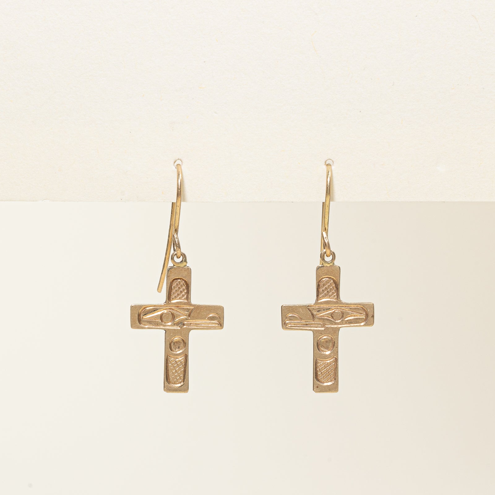 Boucles d'oreilles croix pendantes en or jaune 14 carats, style autochtone |