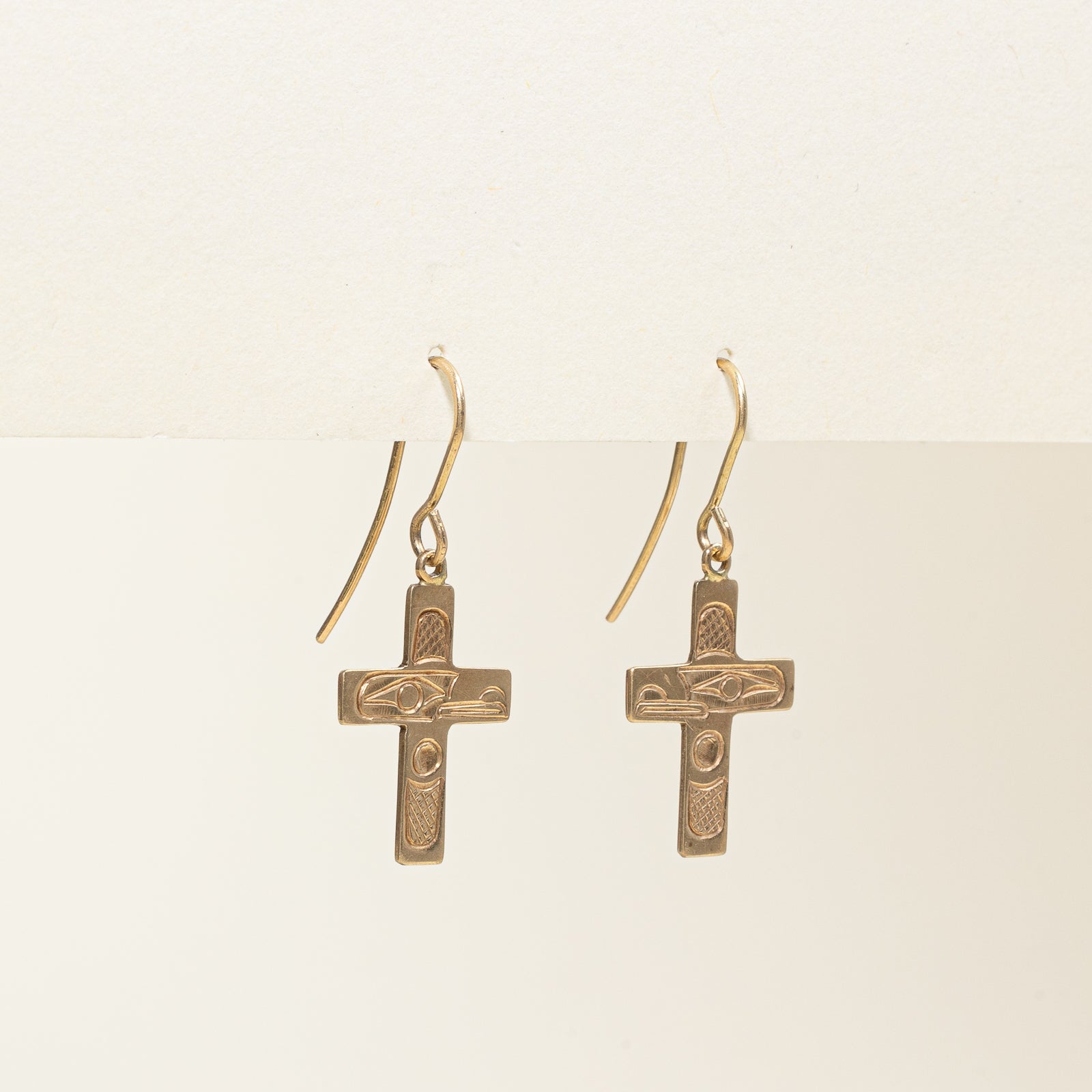Boucles d'oreilles croix pendantes en or jaune 14 carats, style autochtone |