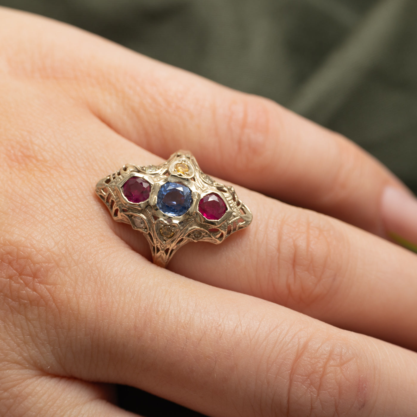 Art Deco Inspired Multi Gem Ring | 0.70ct, 0.50ct, 0.18ct | SZ 6.25 |