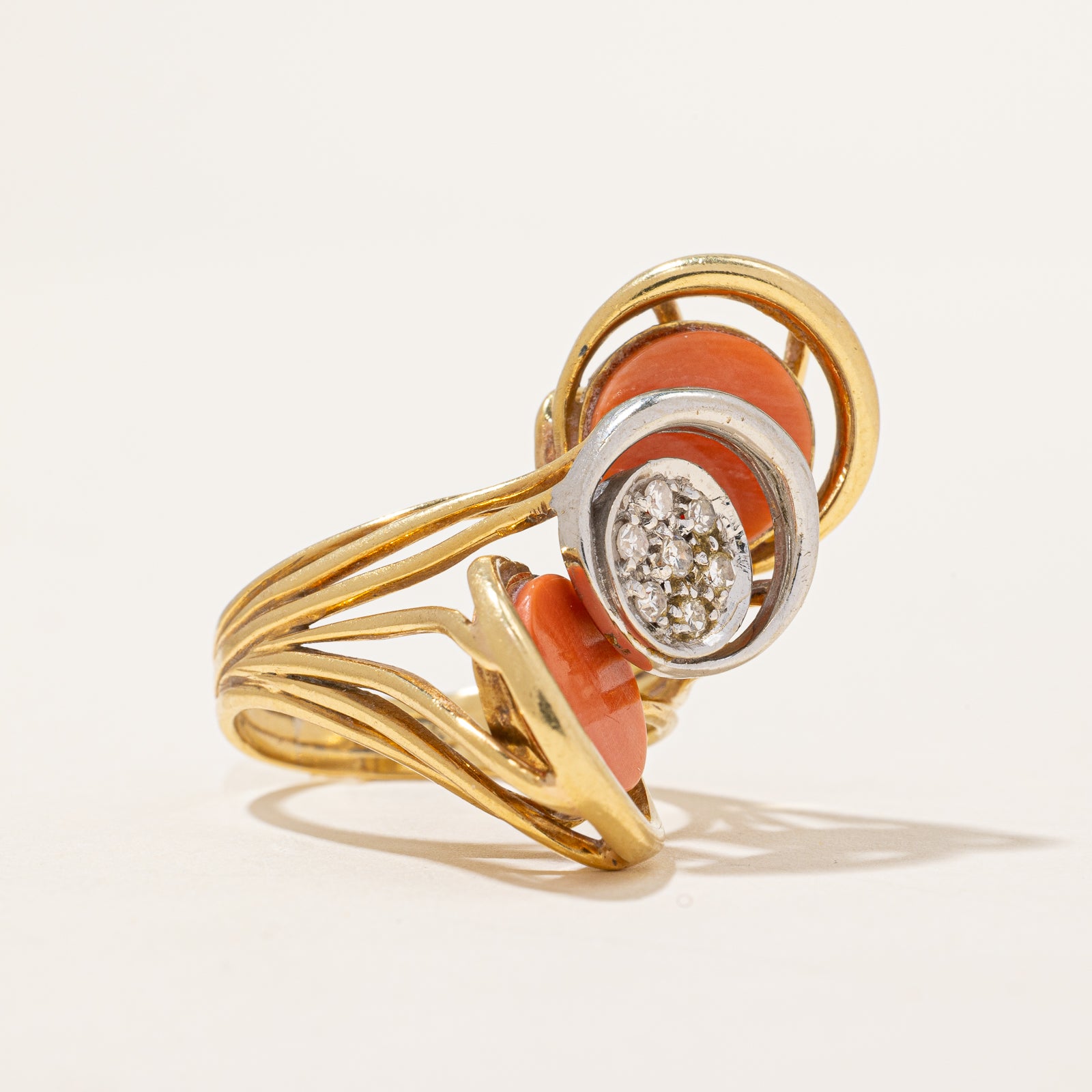 1960s Coral & Diamond Disc Cocktail Ring | 1.50ctw, 0.10ctw | SZ 6.75 |