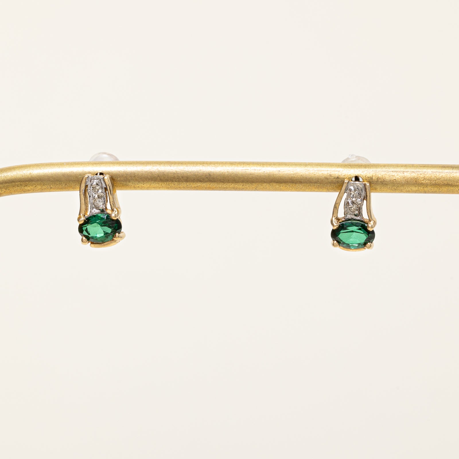 Emerald Simulant & Diamond Stud Earrings | 0.90ctw, 0.03ctw |