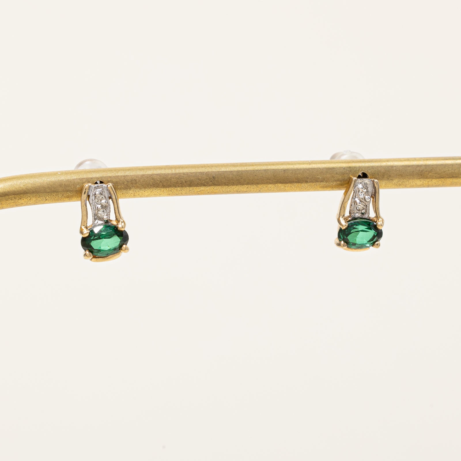 Emerald Simulant & Diamond Stud Earrings | 0.90ctw, 0.03ctw |