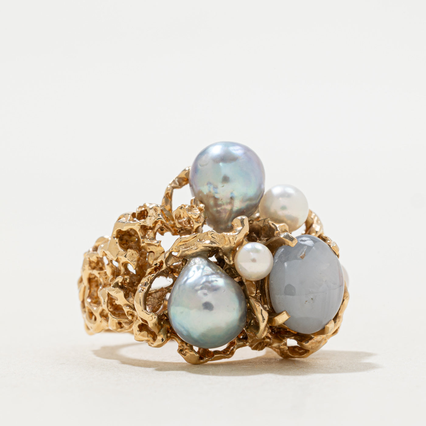Star Sapphire & Pearl Textured Cocktail Ring | 4ctw | SZ 4.5 |
