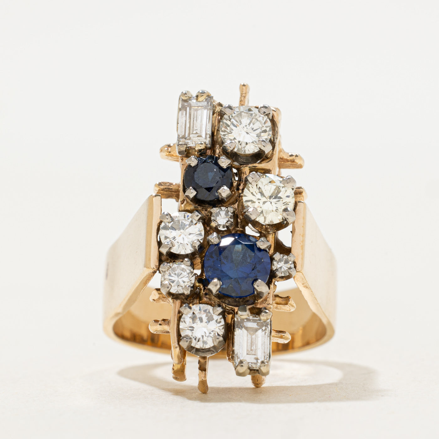 Abstract Diamond, Synthetic Sapphire and Sapphire 14k Multi-Stone Ring | 1.08ct, 0.9ctw, 0.25ctw | SZ 6.75 |