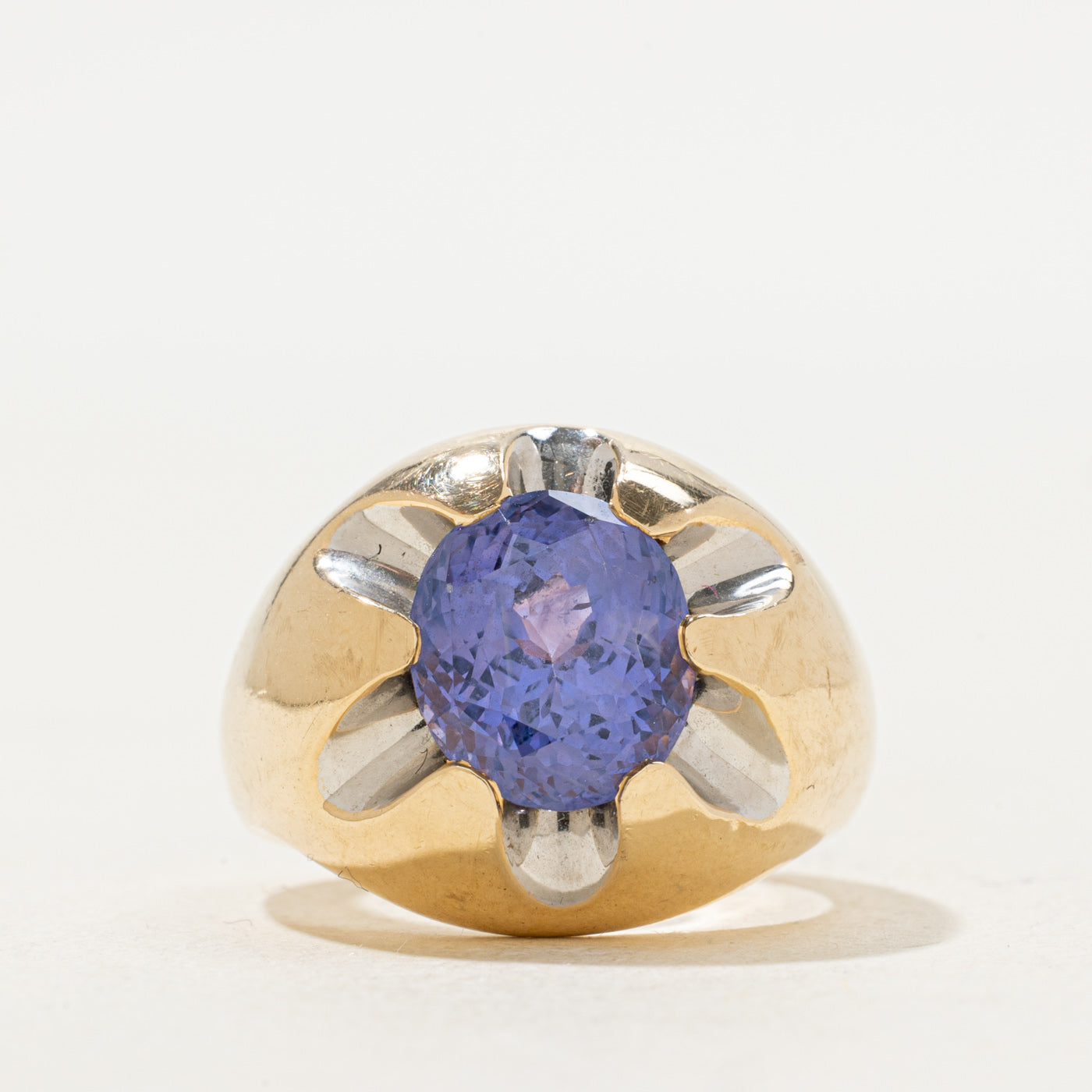 Two Tone Belcher Set Purple Sapphire Ring | 4.55ct | SZ 6.75 |