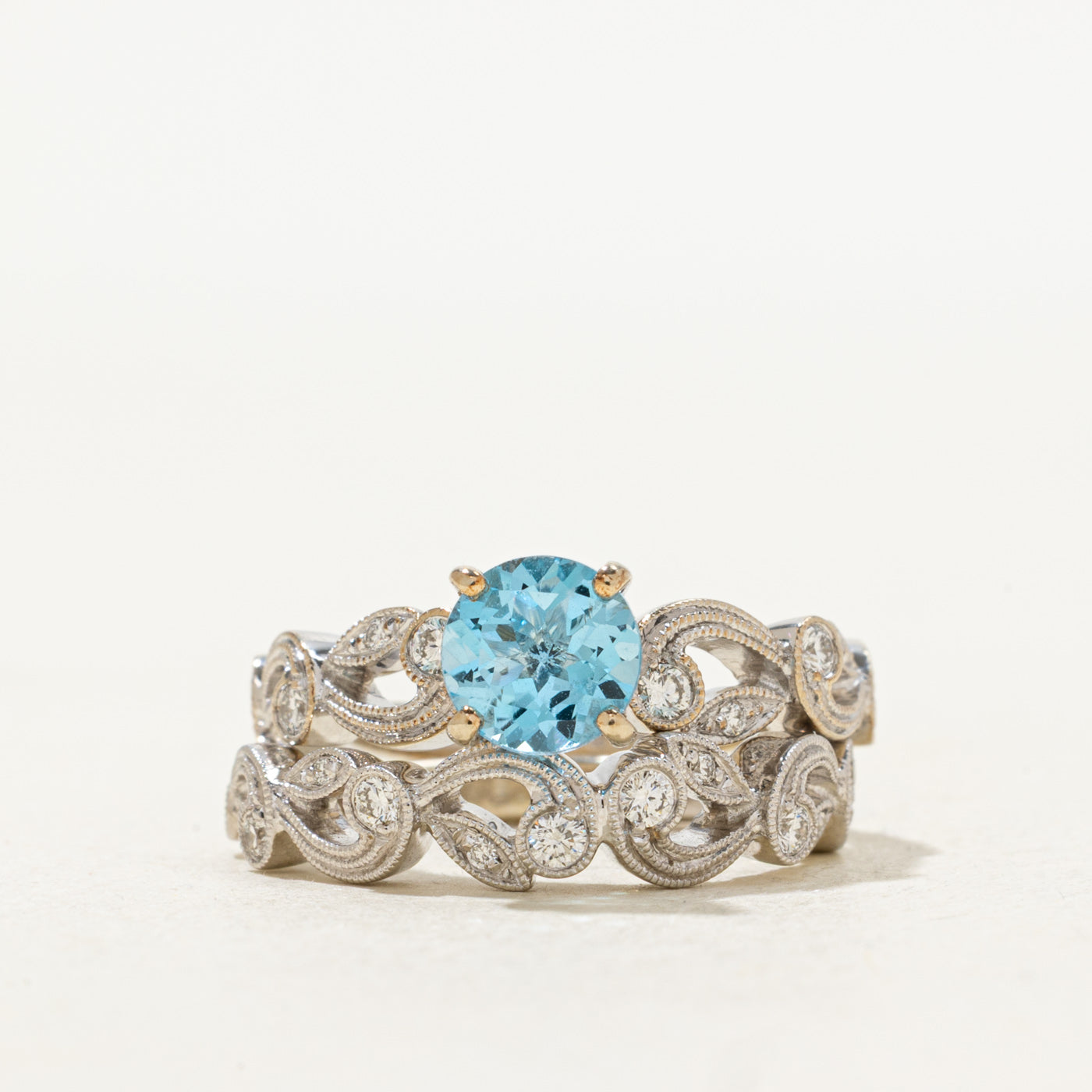 'Simon G' Blue Topaz Trellis Wedding Set | 0.80ct, 0.26ctw | SZ 4.5 |