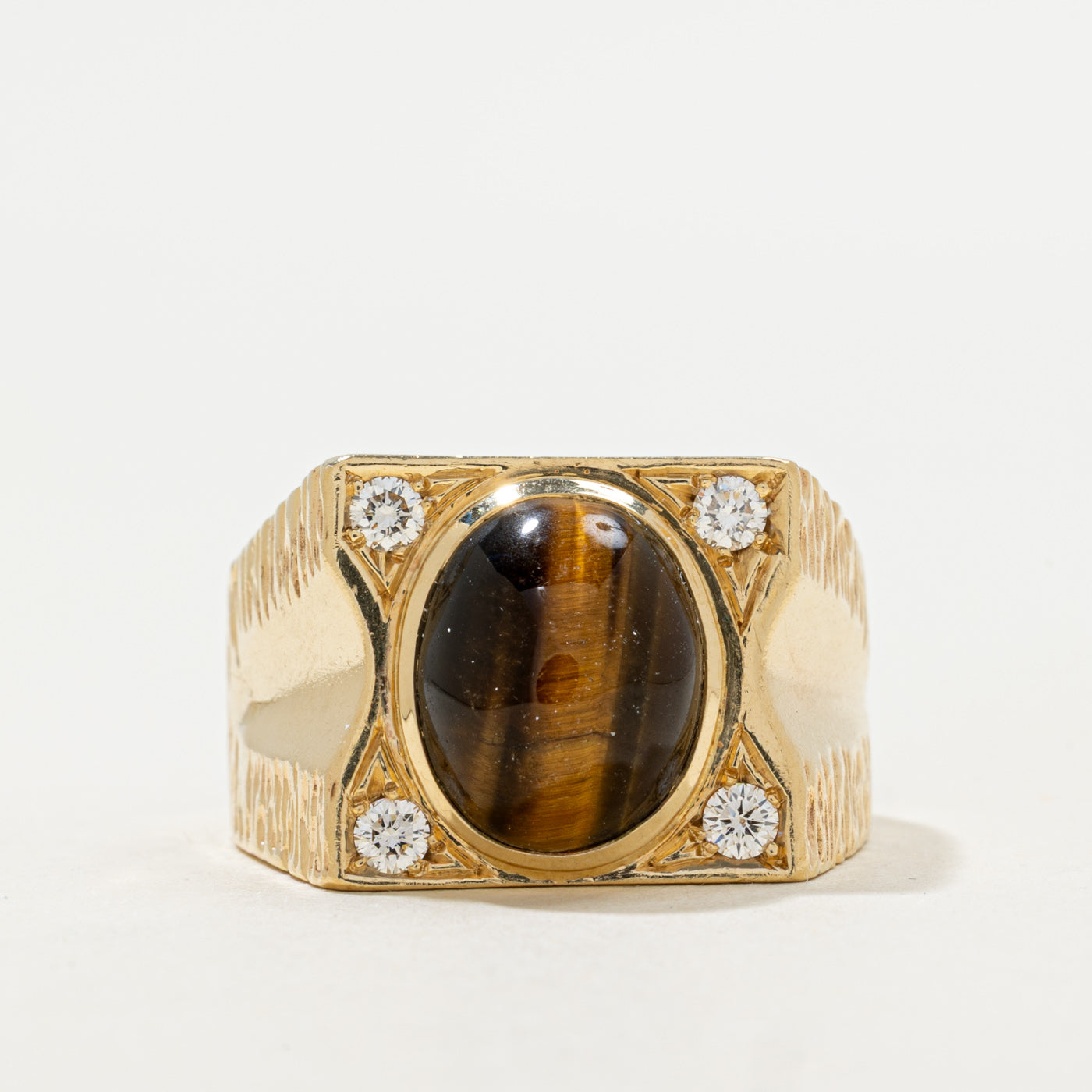 Tiger's Eye & Diamond Signet Ring | 4.00ct, 0.22ctw | SZ 10.5 |