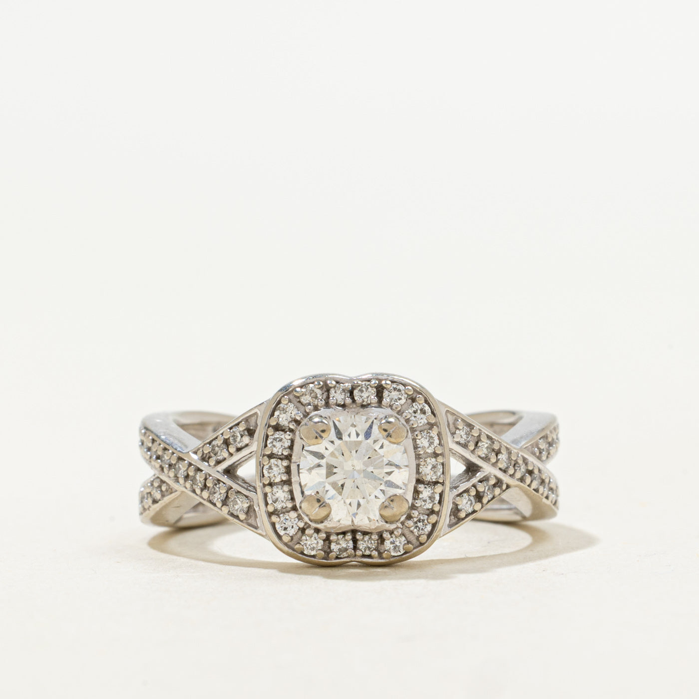 Diamond Halo Crossover Engagement Ring | 0.80 ctw, SZ 7.25 | SI2, I |