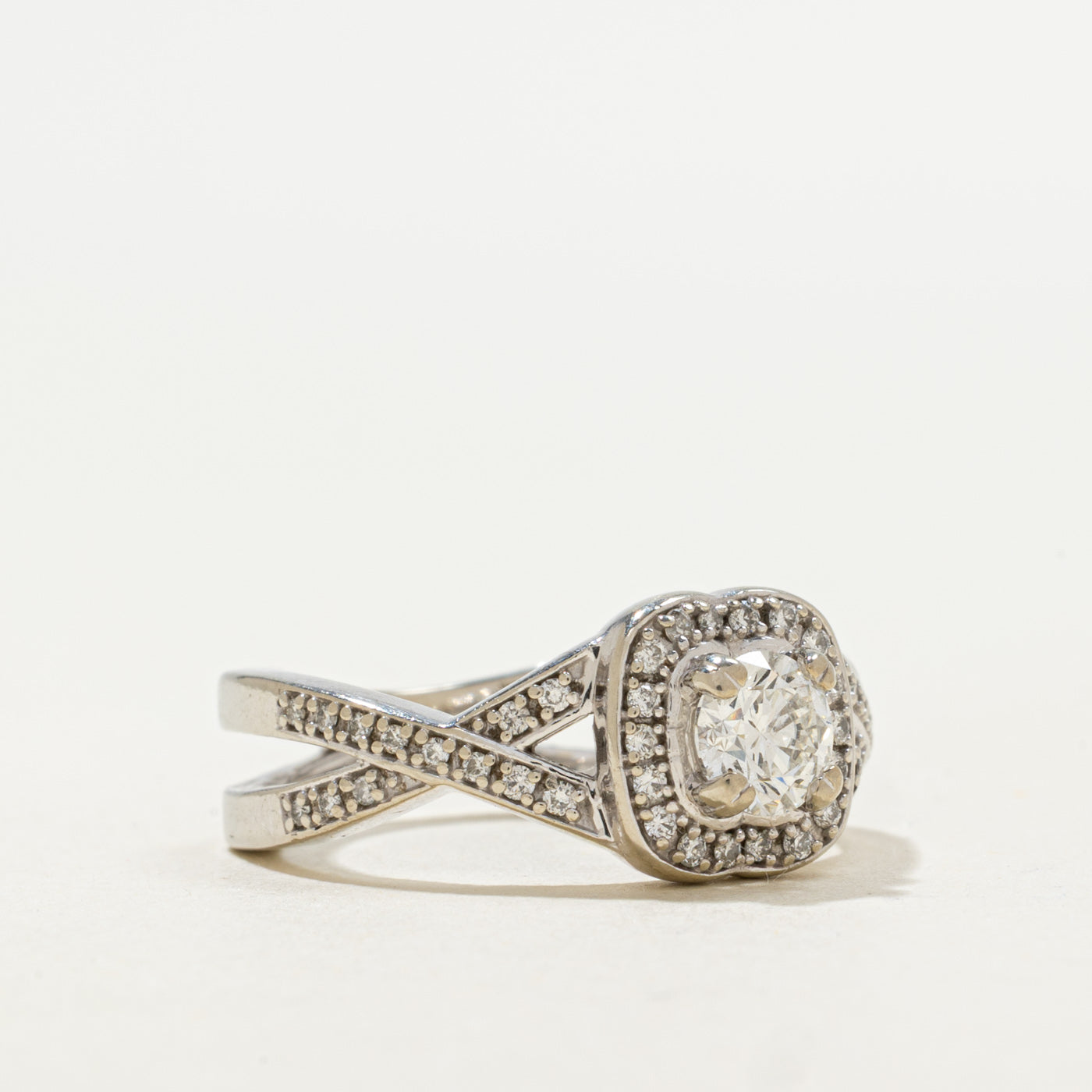 Diamond Halo Crossover Engagement Ring | 0.80 ctw, SZ 7.25 | SI2, I |